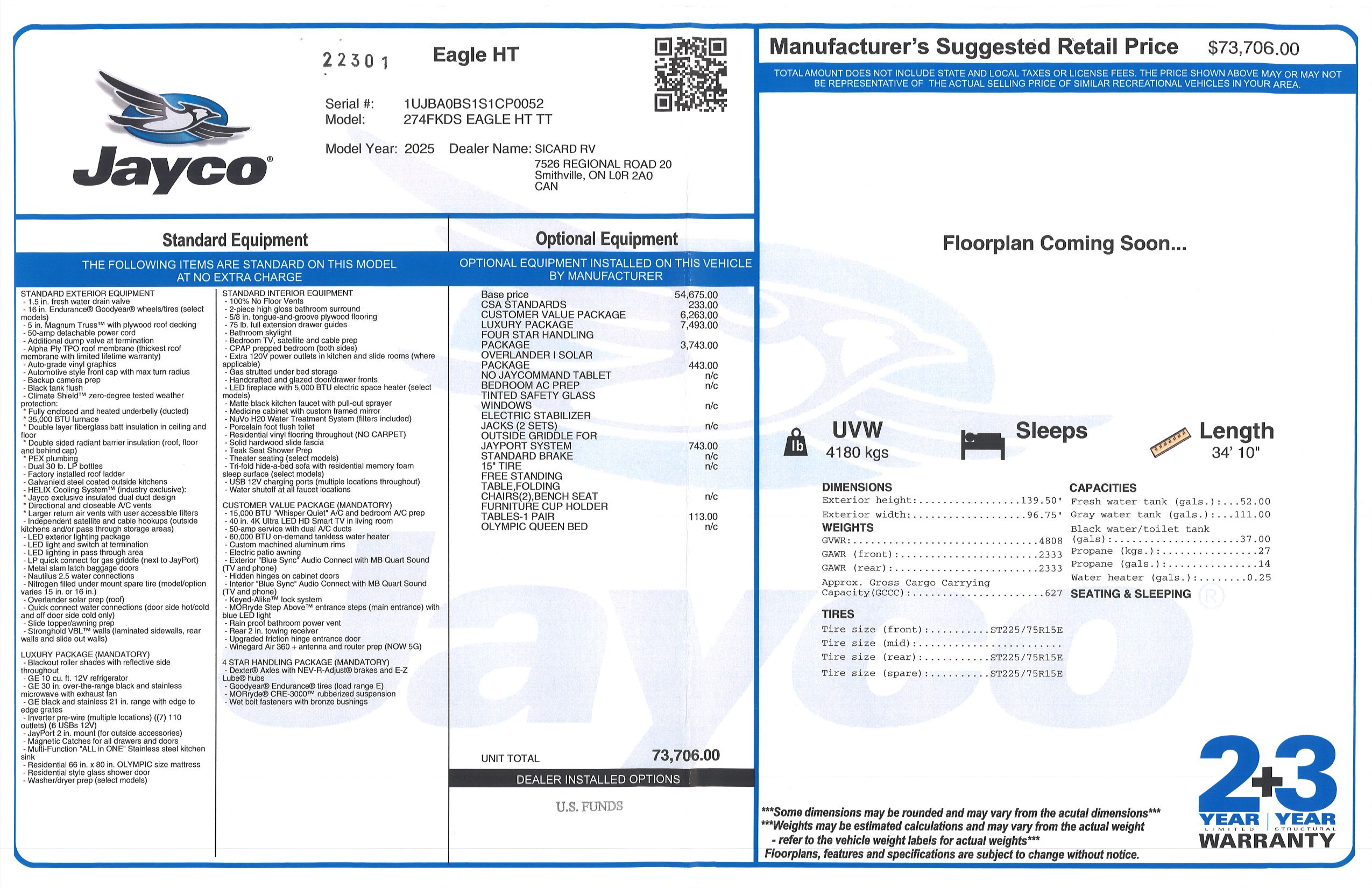 Buildsheet for 2025 JAYCO EAGLE HT 274FKDS