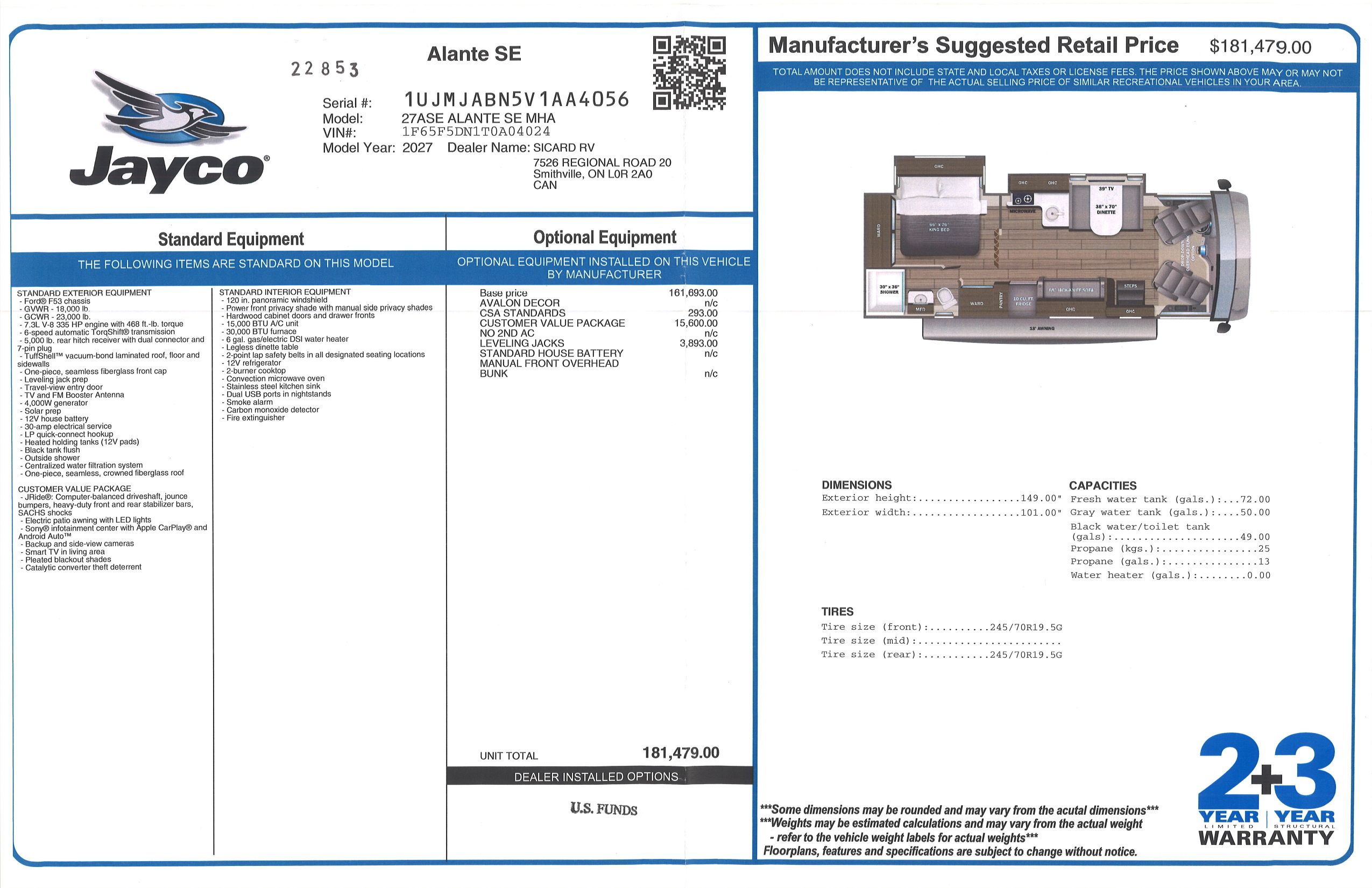 Buildsheet for 2027 JAYCO ALANTE SE 27ASE