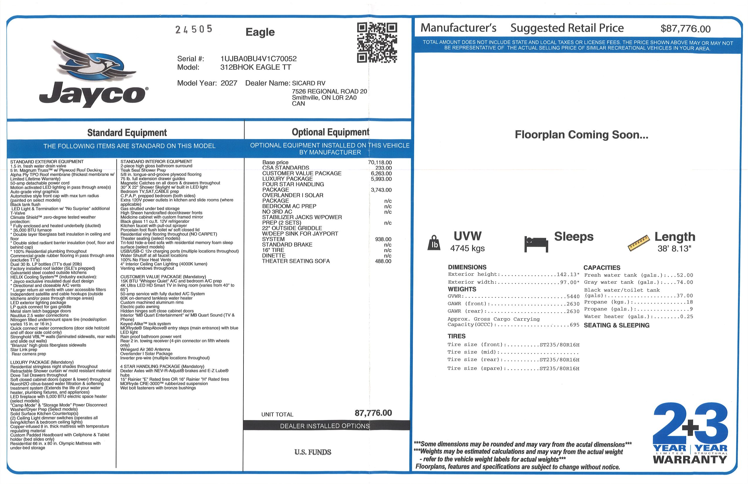 Buildsheet for 2027 JAYCO EAGLE 312BHOK