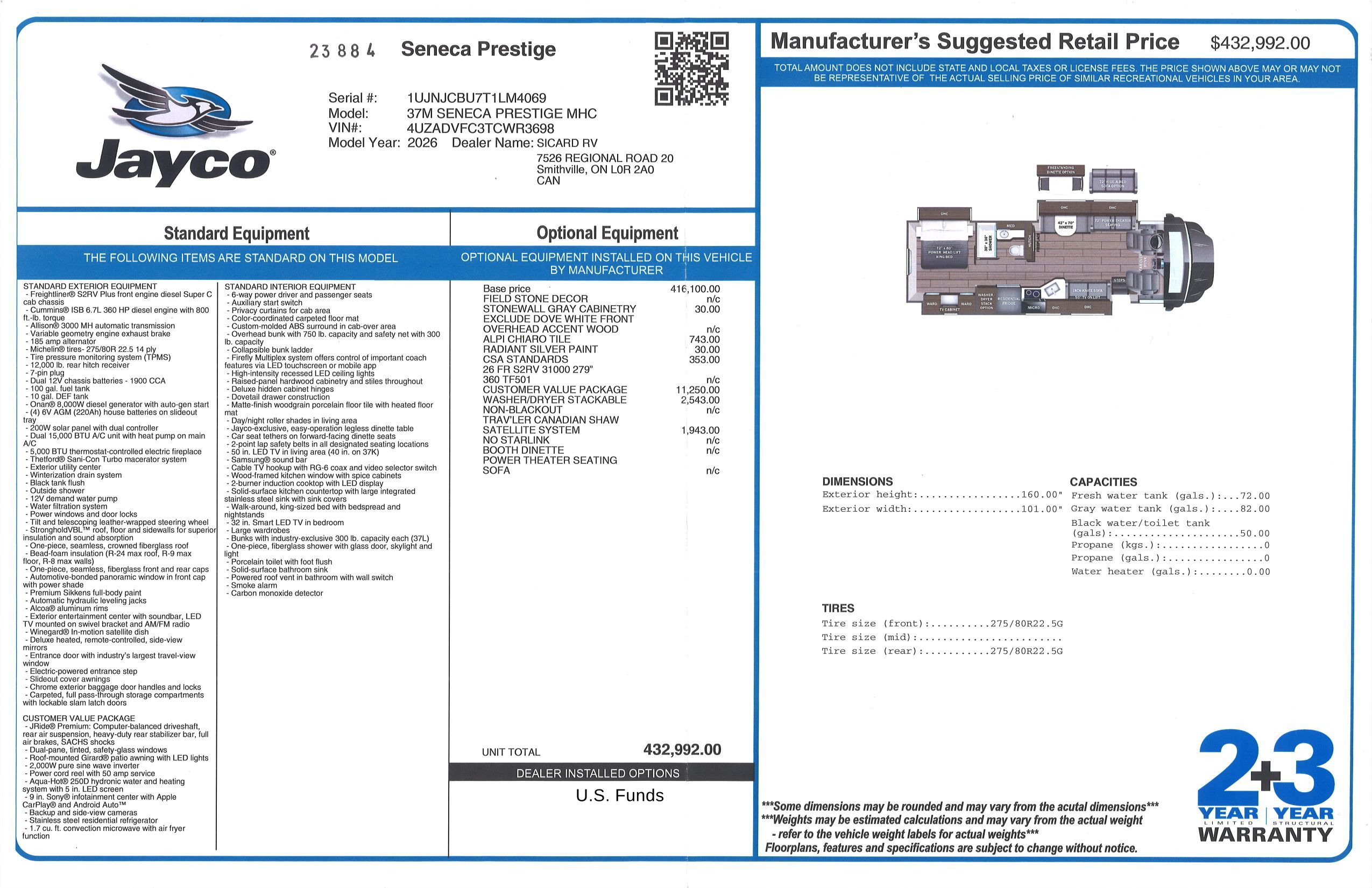 Buildsheet for 2026 JAYCO SENECA PRESTIGE 37M