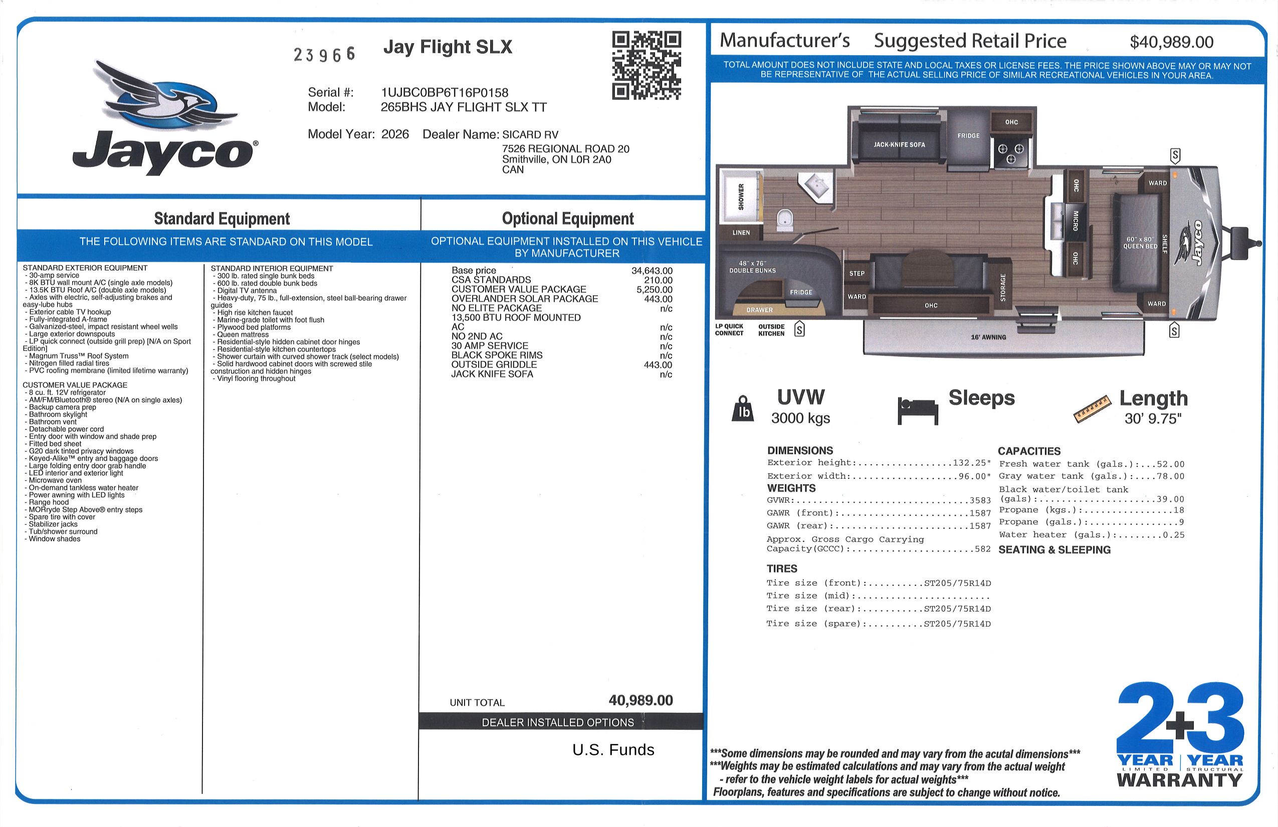 Buildsheet for 2026 JAYCO JAY FLIGHT SLX 265BHS