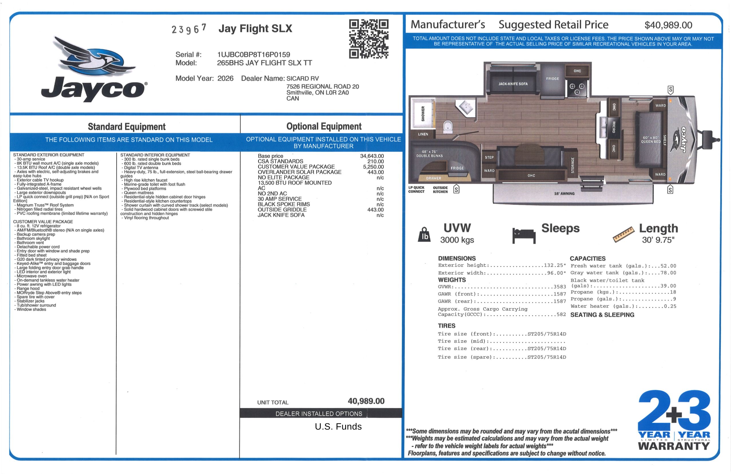 Buildsheet for 2026 JAYCO JAY FLIGHT SLX 265BHS