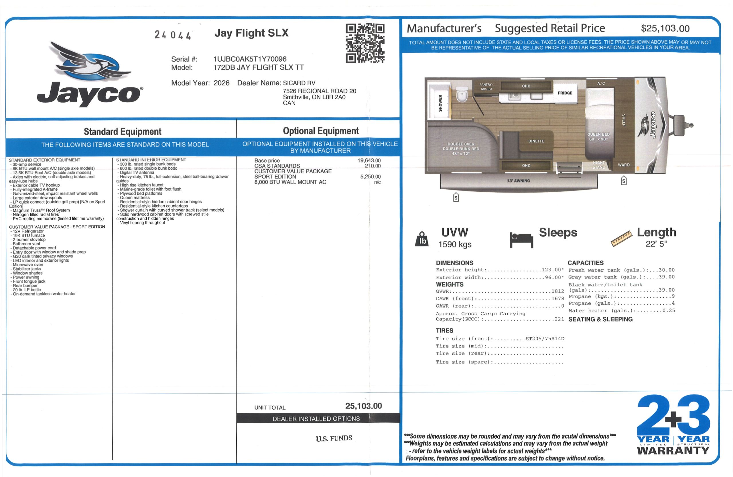 Buildsheet for 2026 JAYCO JAY FLIGHT SLX 172DB