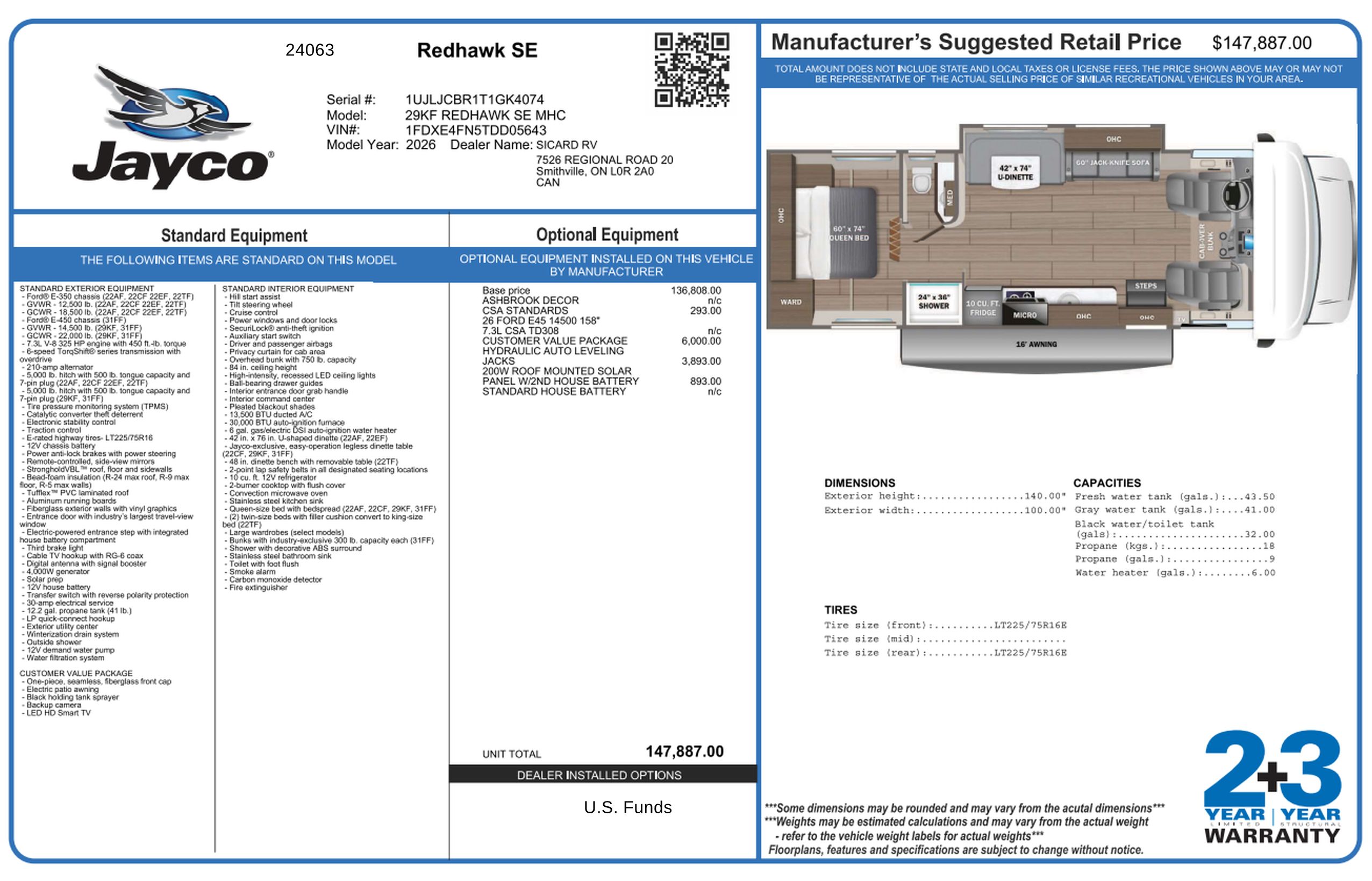 Buildsheet for 2026 JAYCO REDHAWK SE 29KF