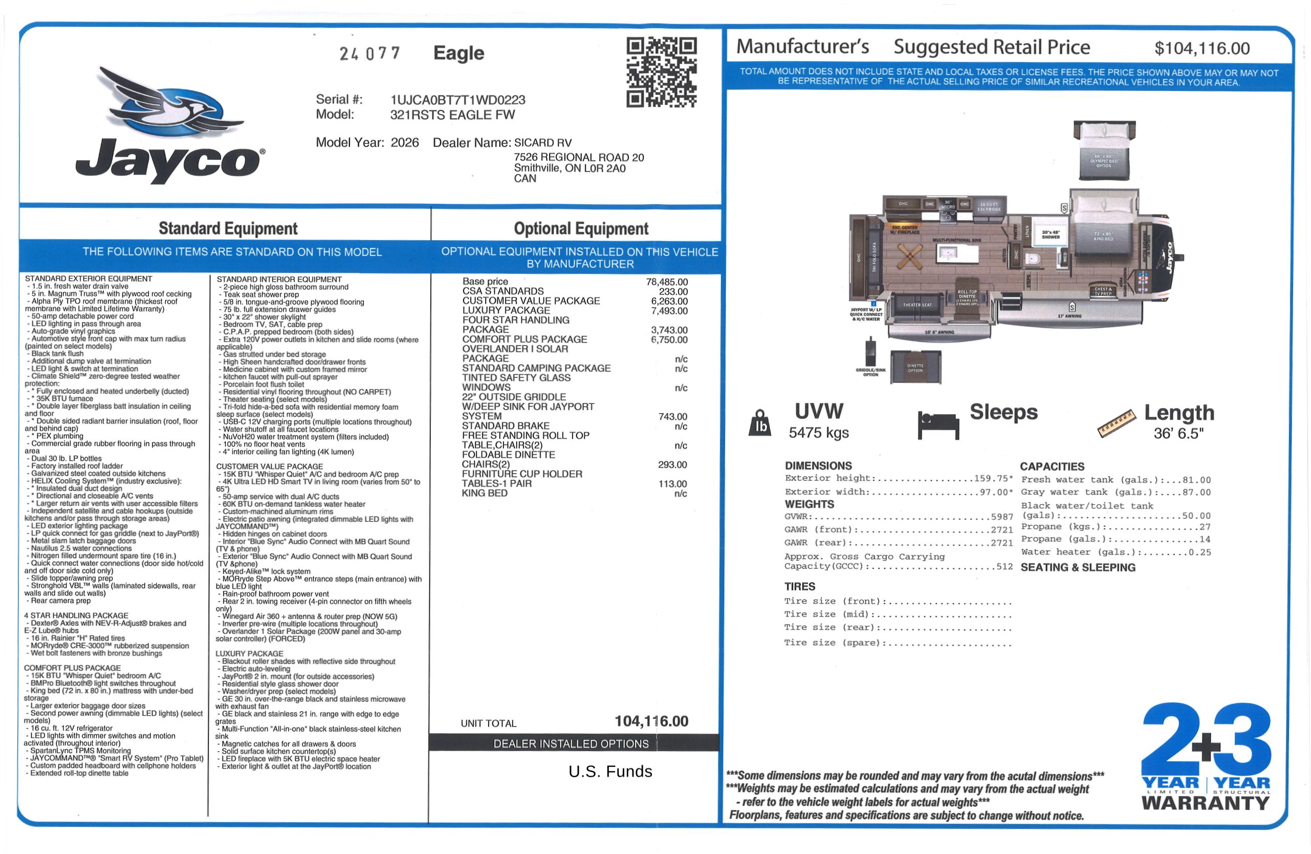 Buildsheet for 2026 JAYCO EAGLE 321RSTS