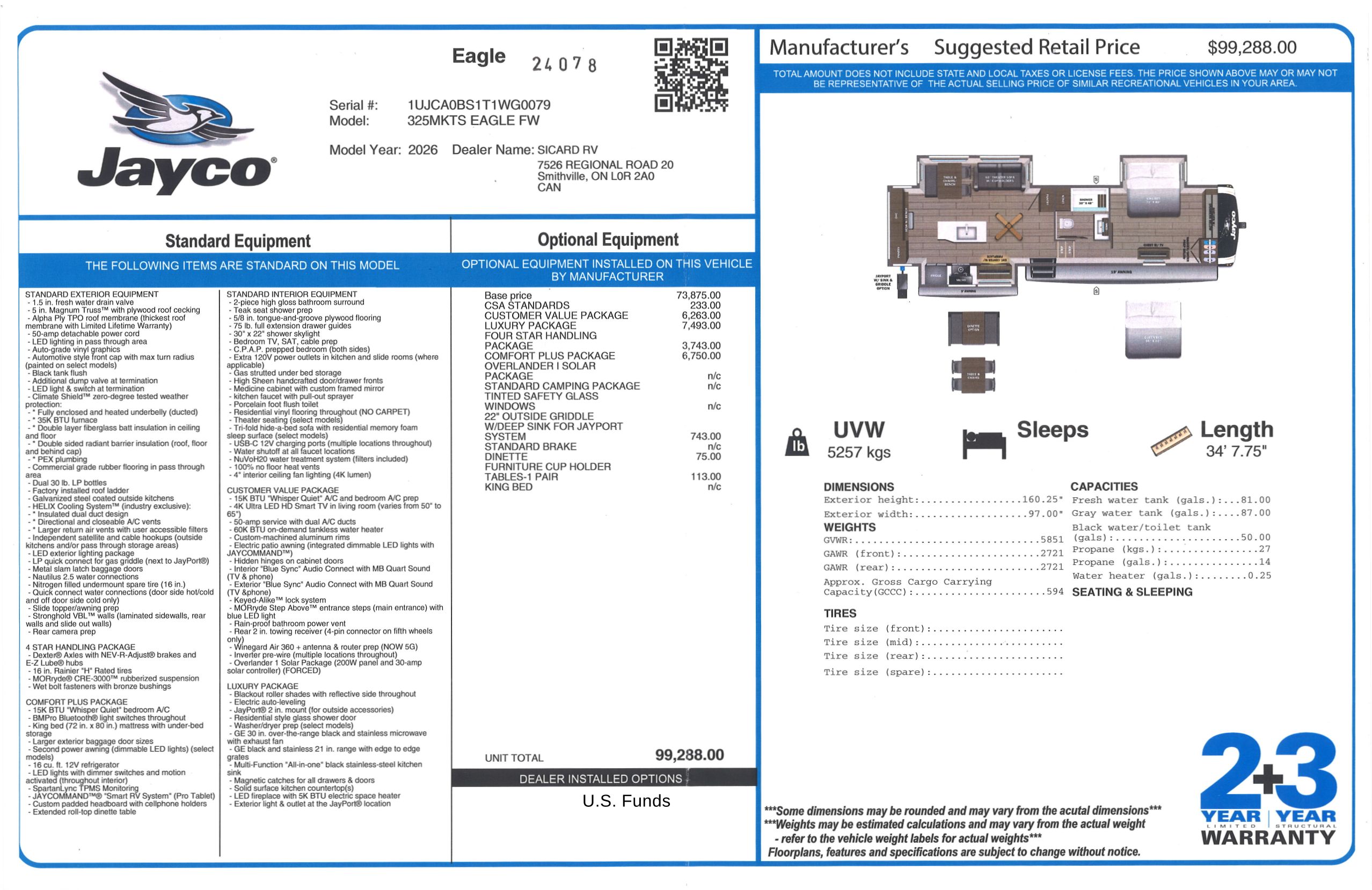 Buildsheet for 2026 JAYCO EAGLE 325MKTS