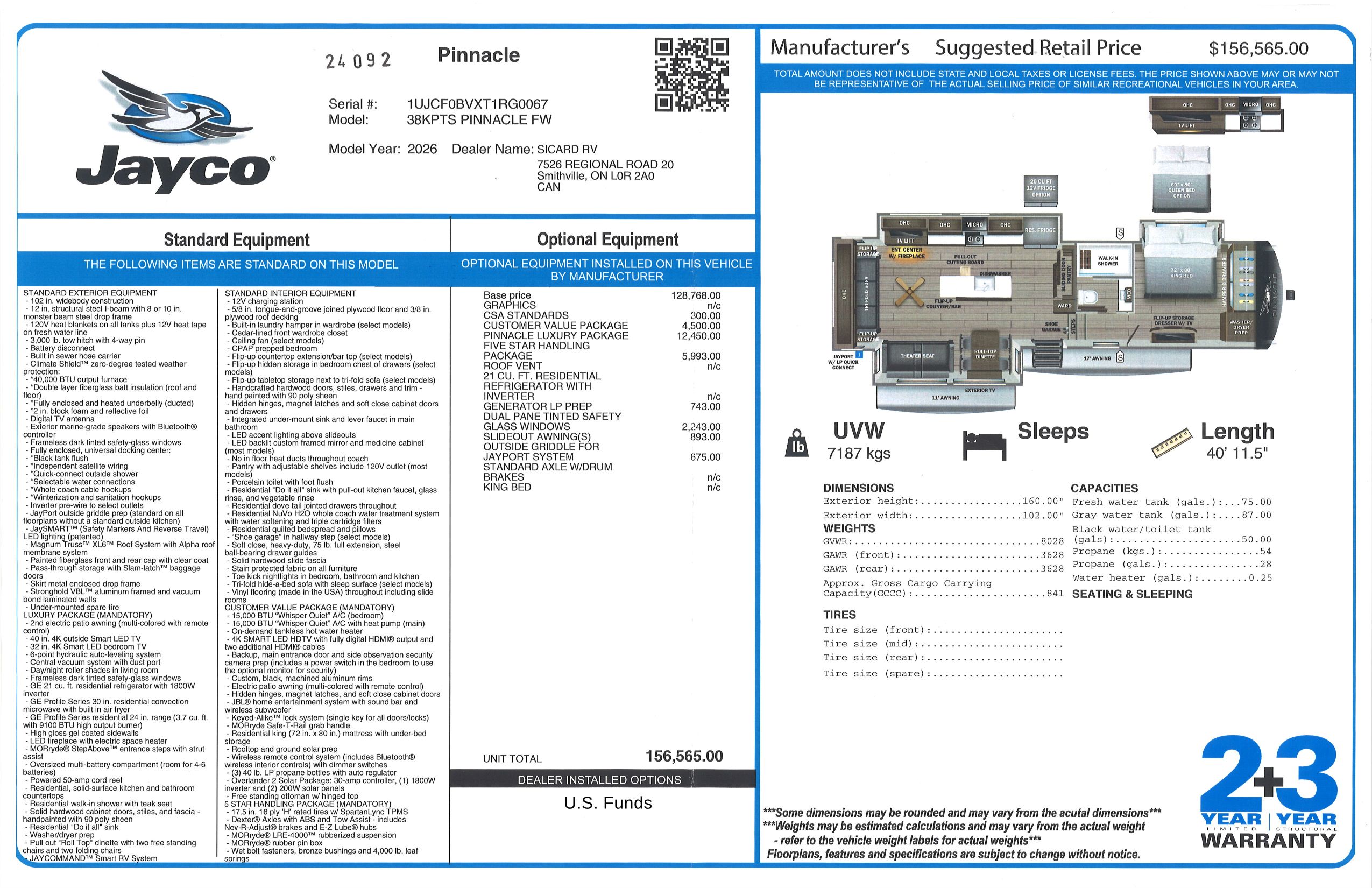 Buildsheet for 2026 JAYCO PINNACLE 38KPTS
