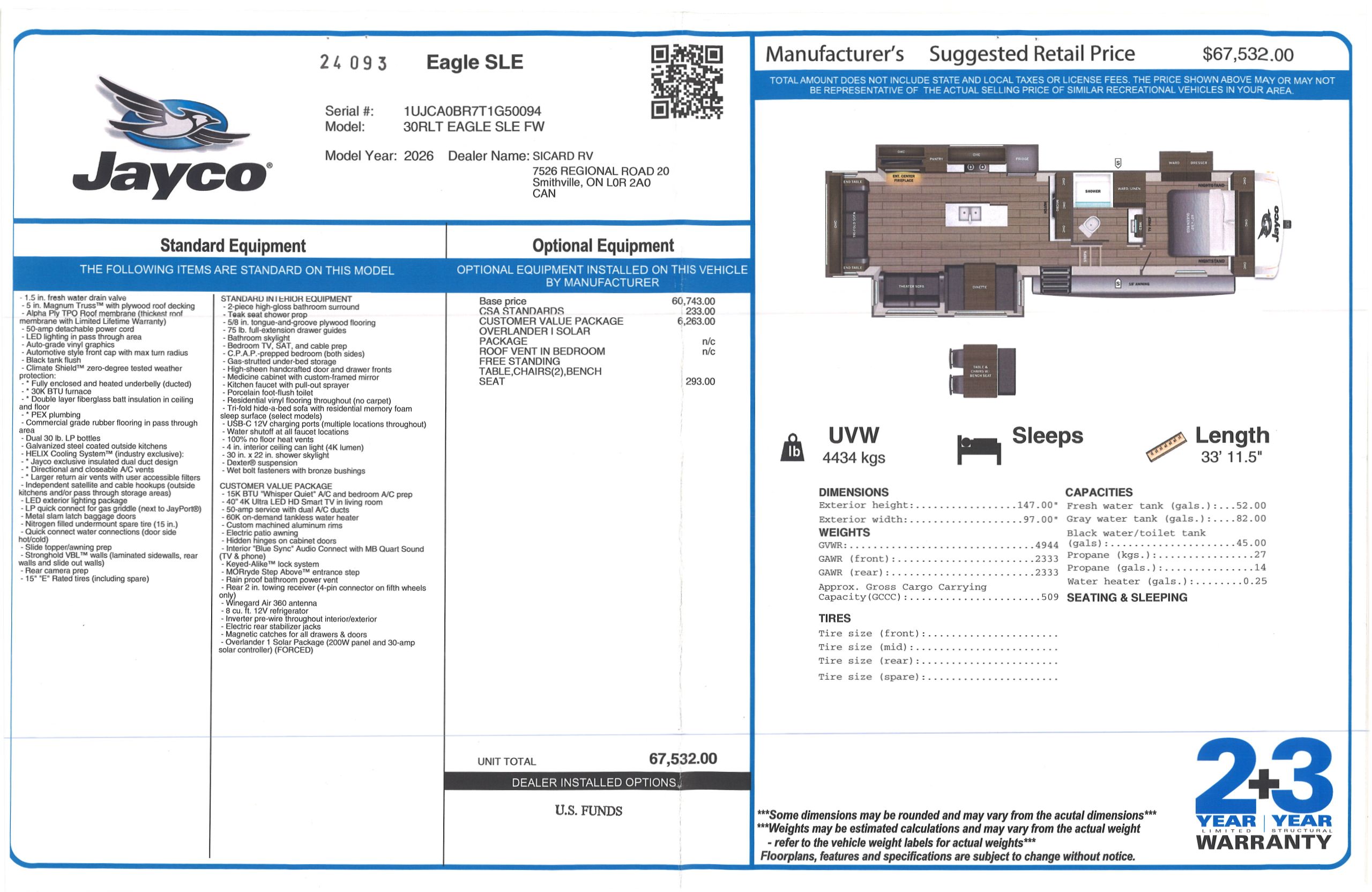 Buildsheet for 2026 JAYCO EAGLE SLE 30RLT
