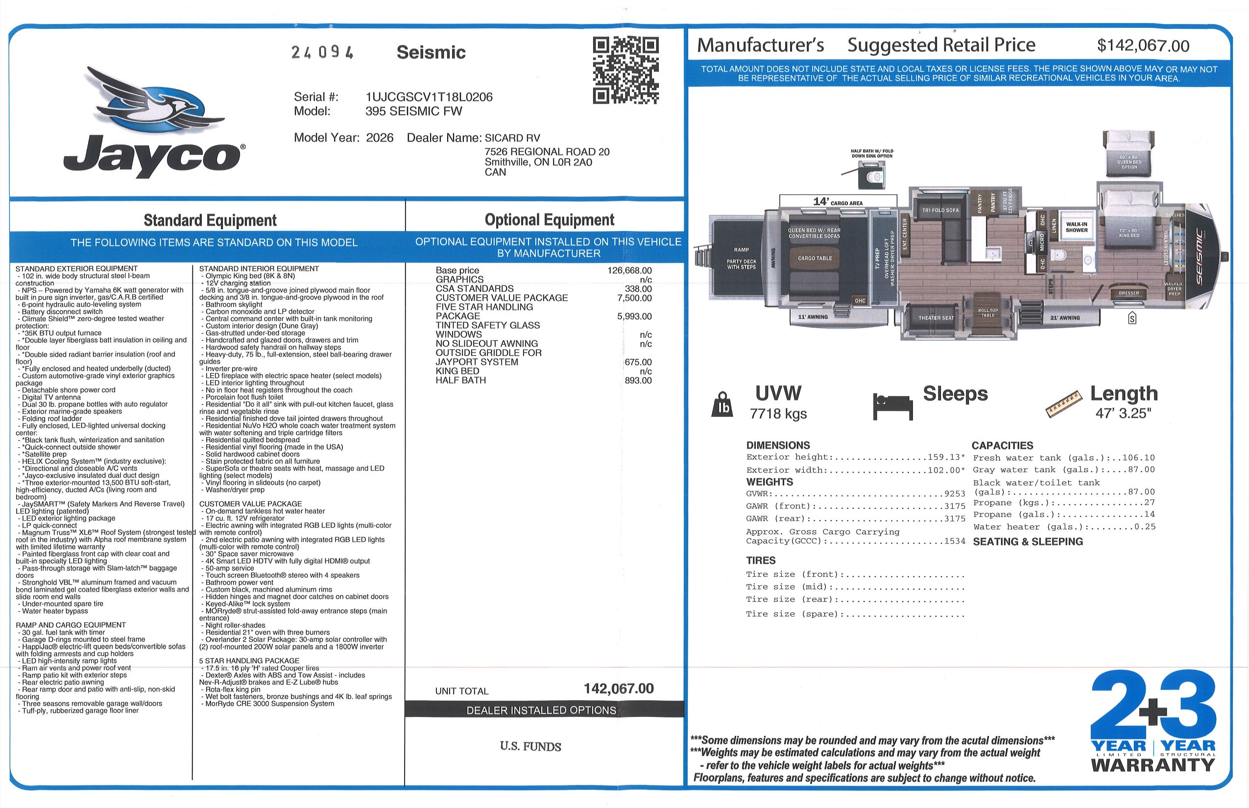 Buildsheet for 2026 JAYCO SEISMIC 395