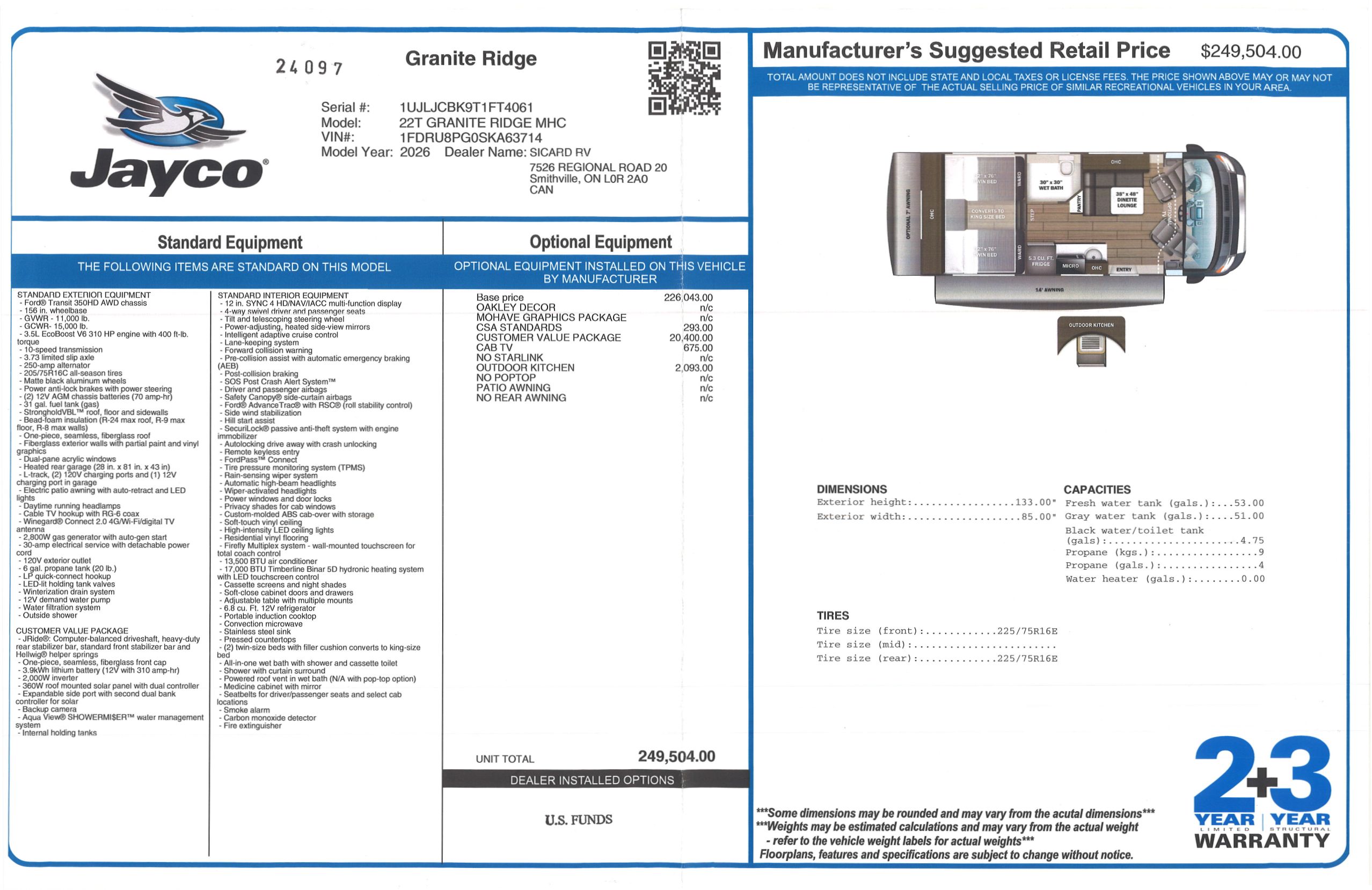 Buildsheet for 2026 JAYCO GRANITE RIDGE 22T