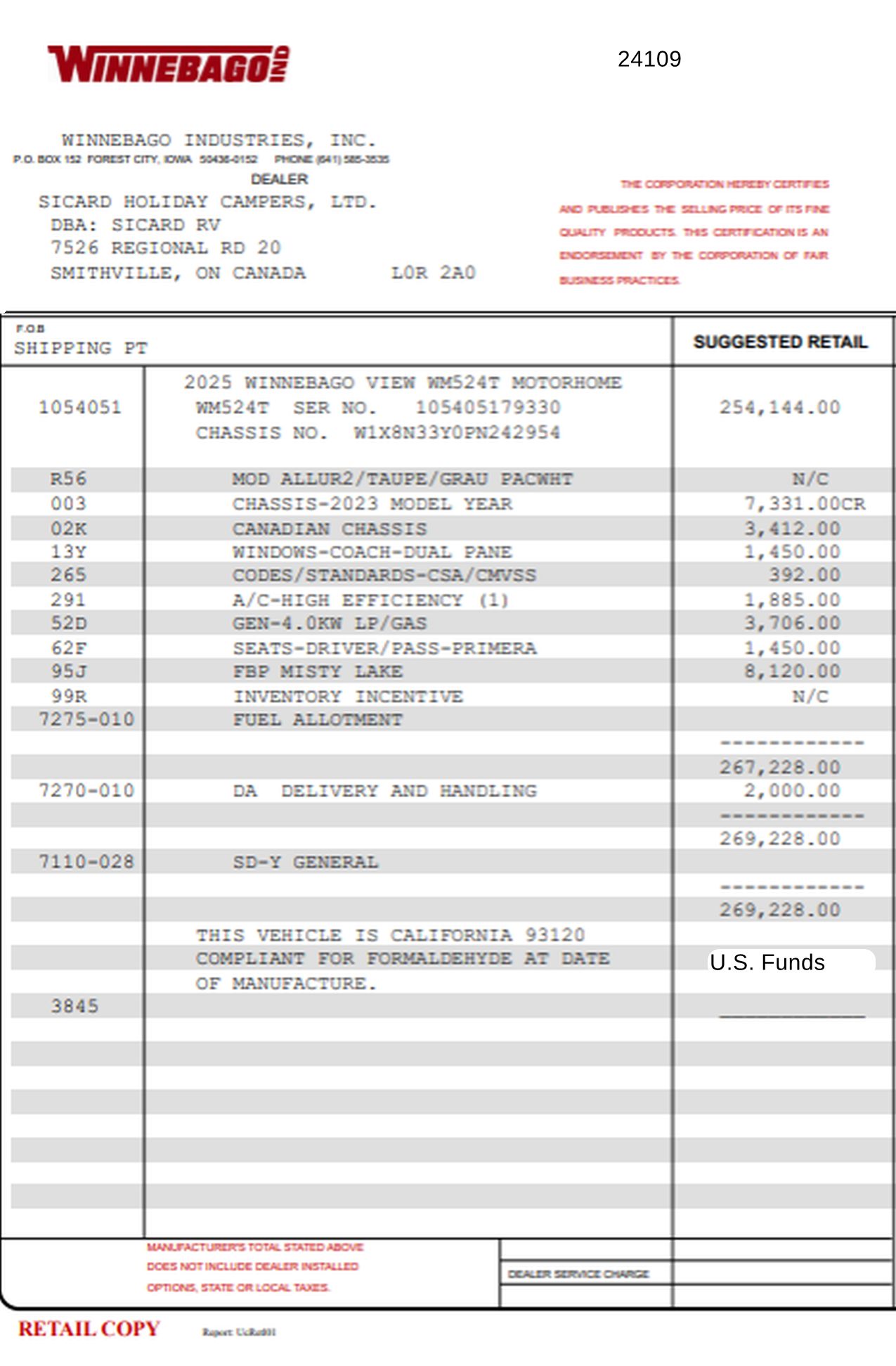 Buildsheet for 2025 WINNEBAGO VIEW 24T