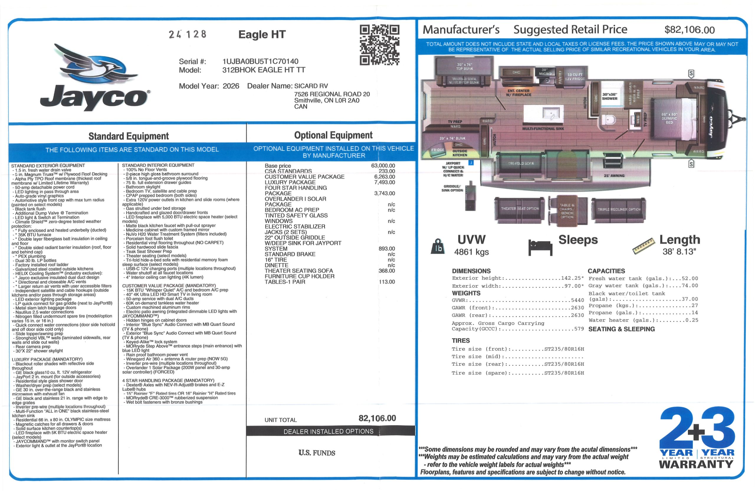 Buildsheet for 2026 JAYCO EAGLE HT 312BHOK