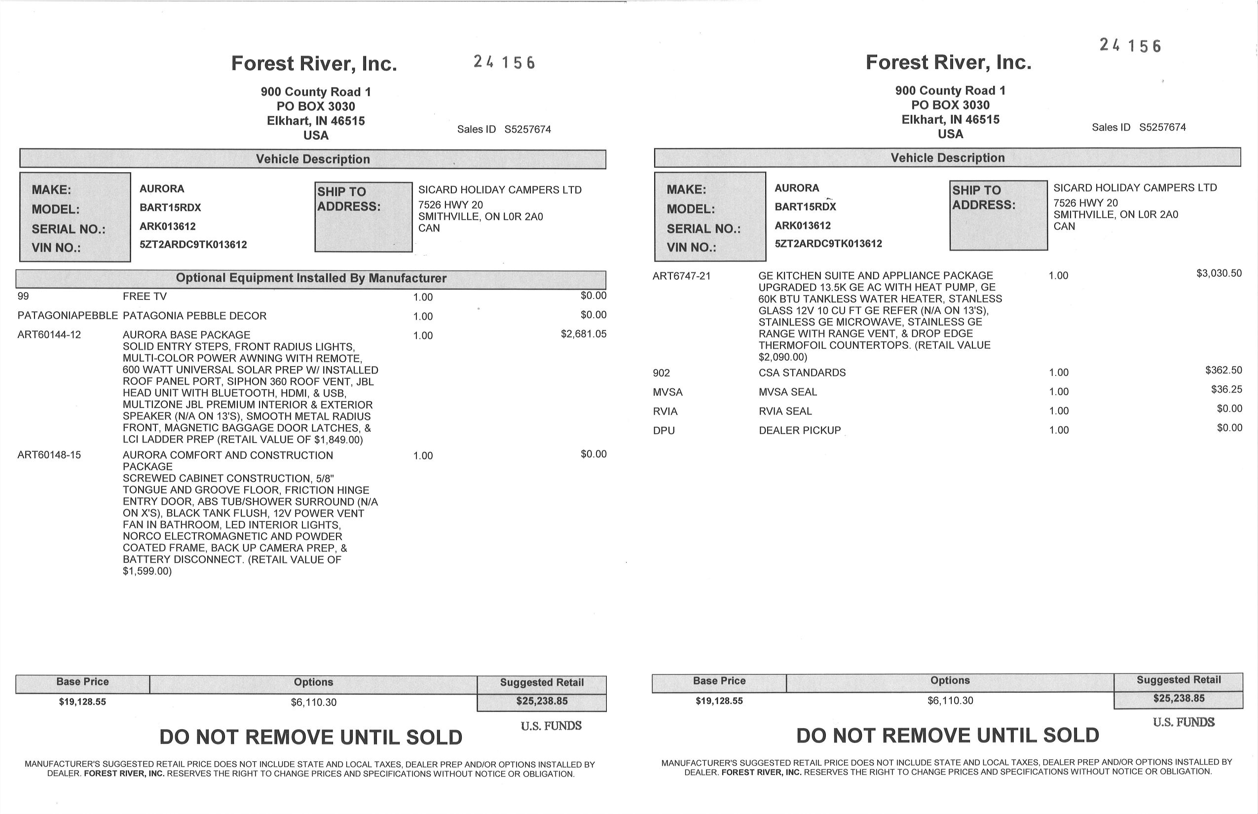 Buildsheet for 2026 FOREST RIVER AURORA LIGHT 15RDX
