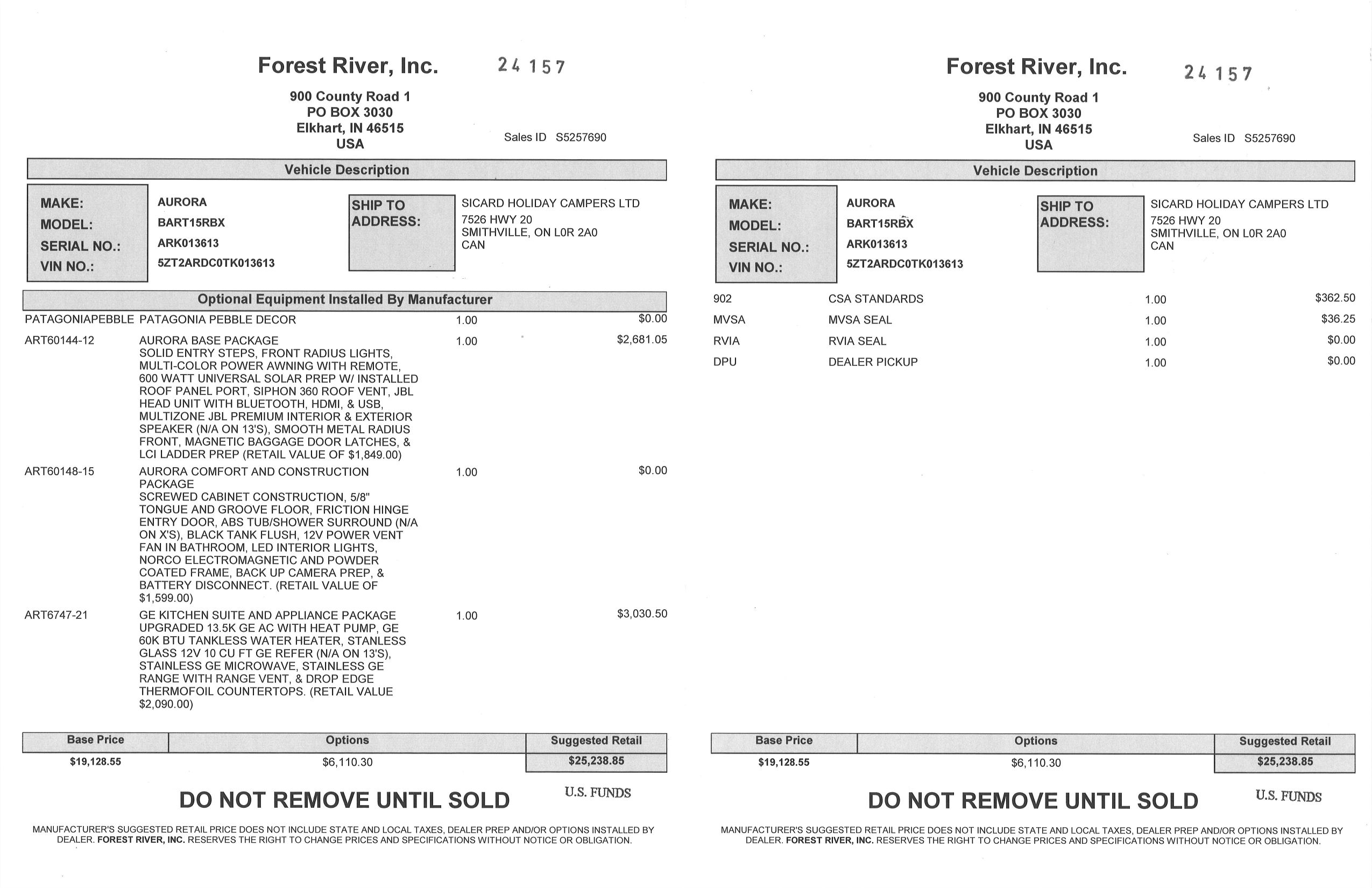Buildsheet for 2026 FOREST RIVER AURORA LIGHT 15RBX