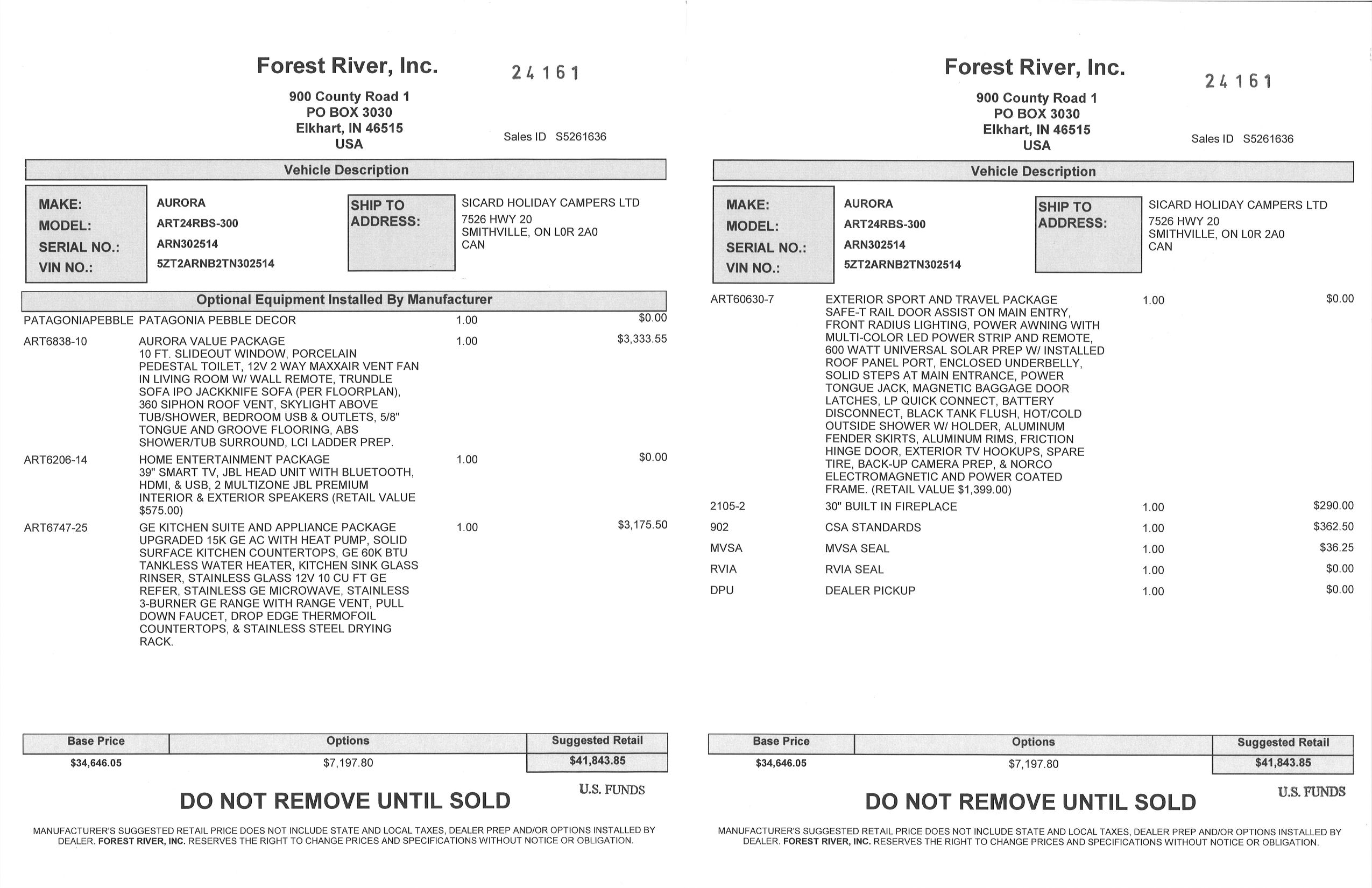 Buildsheet for 2026 FOREST RIVER AURORA 24RBS
