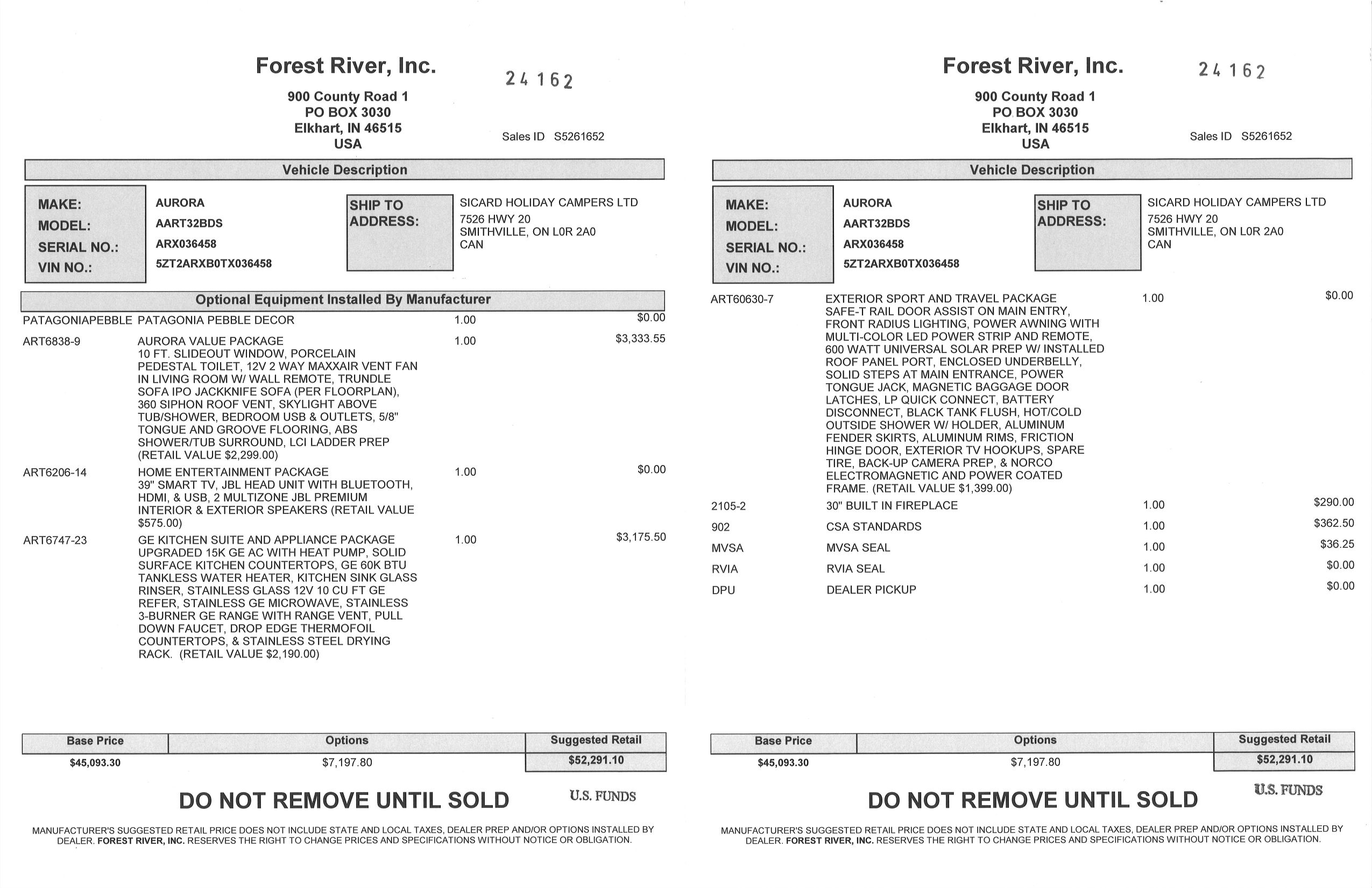 Buildsheet for 2026 FOREST RIVER AURORA 32BDS