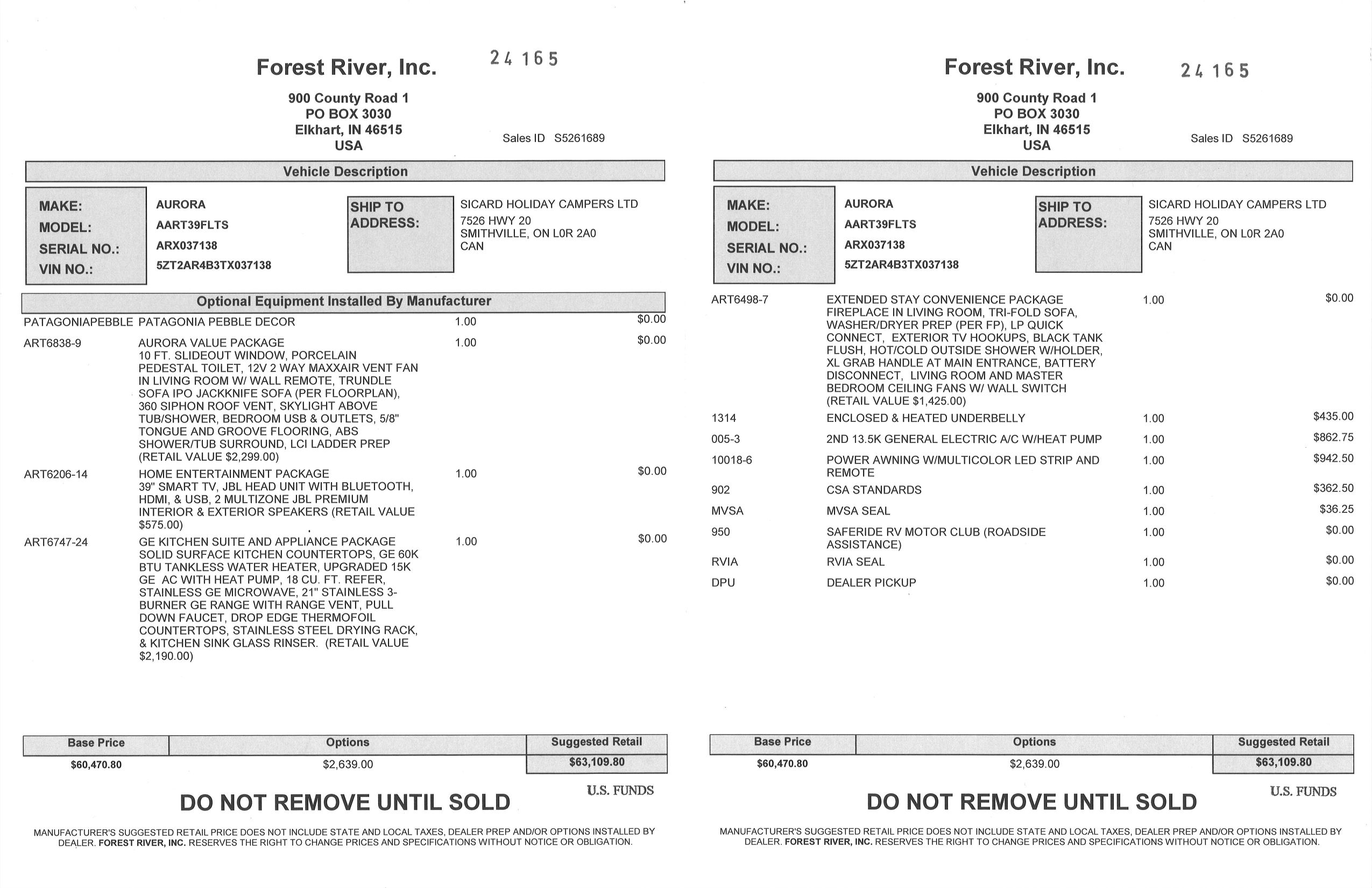 Buildsheet for 2026 FOREST RIVER AURORA 39FLTS
