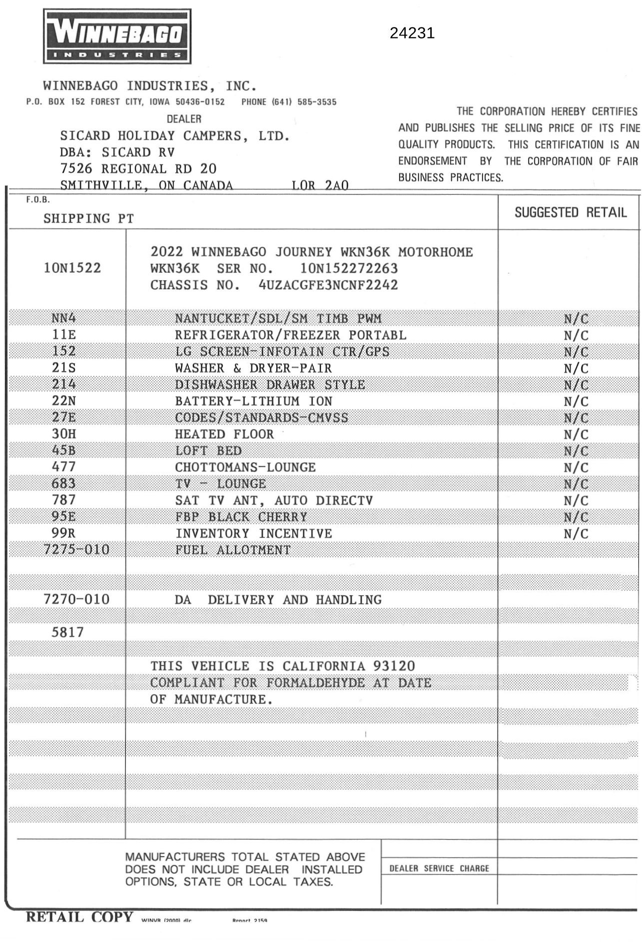 Buildsheet for 2022 WINNEBAGO JOURNEY 36K