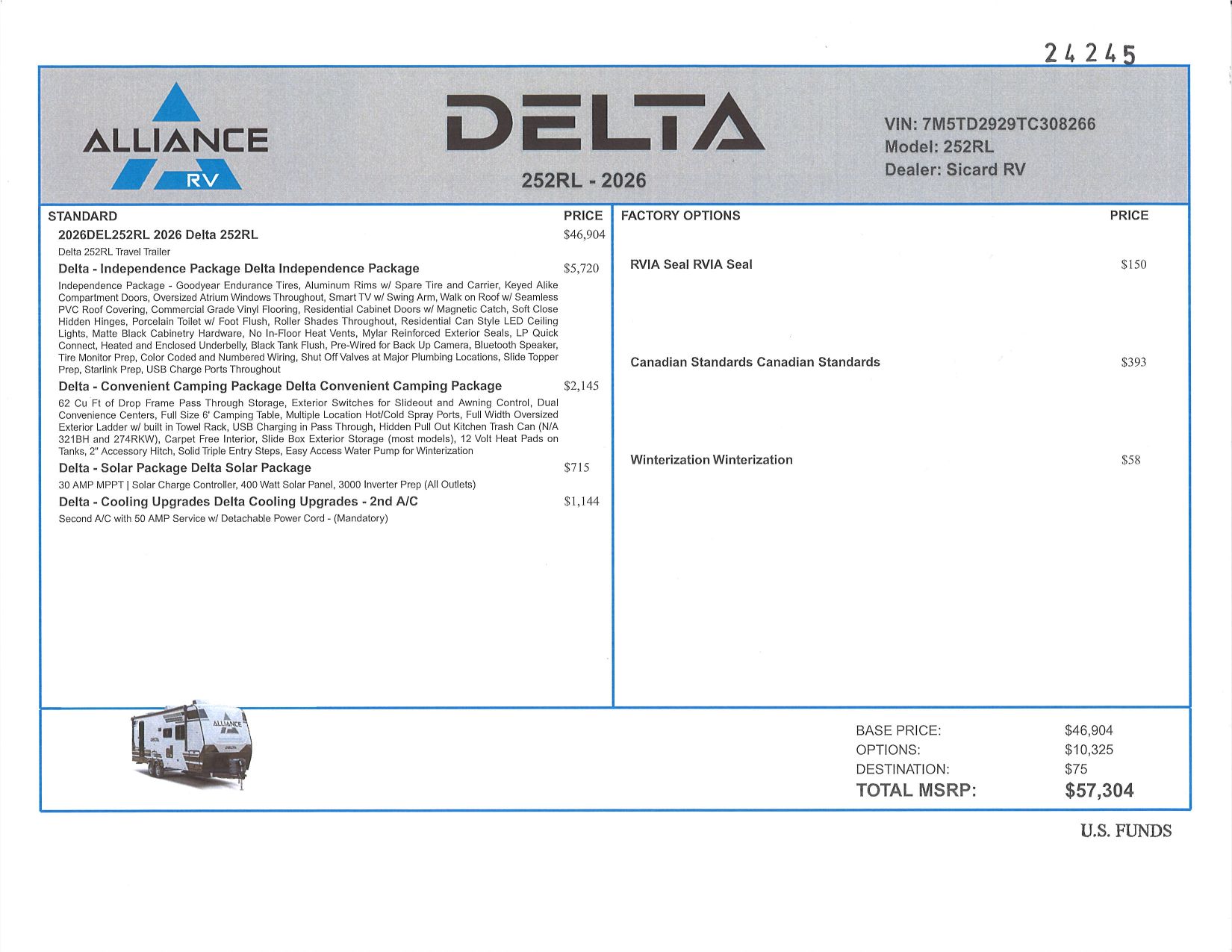 Buildsheet for 2026 ALLIANCE DELTA 252RL