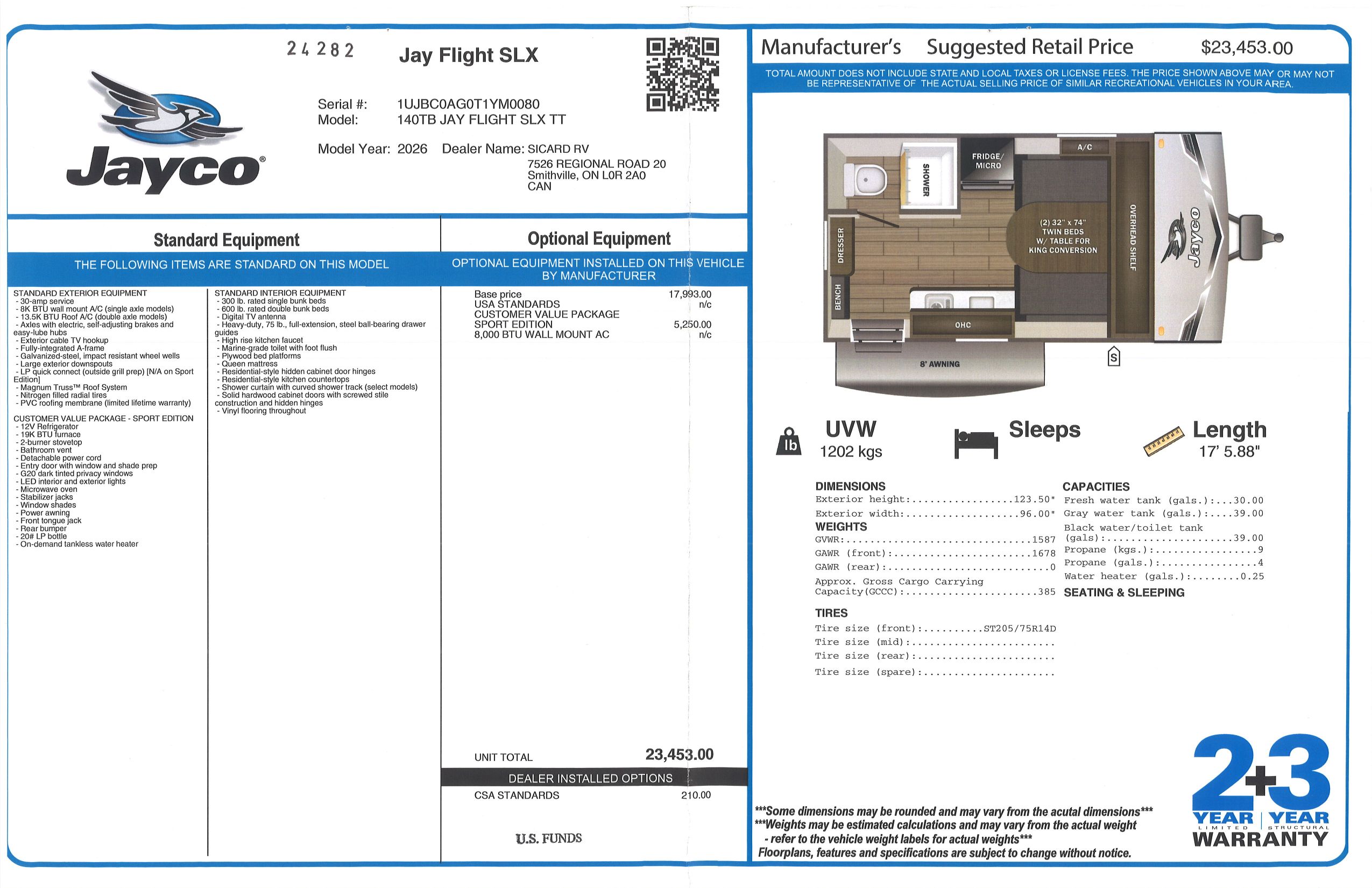Buildsheet for 2026 JAYCO JAY FLIGHT SLX 140TB