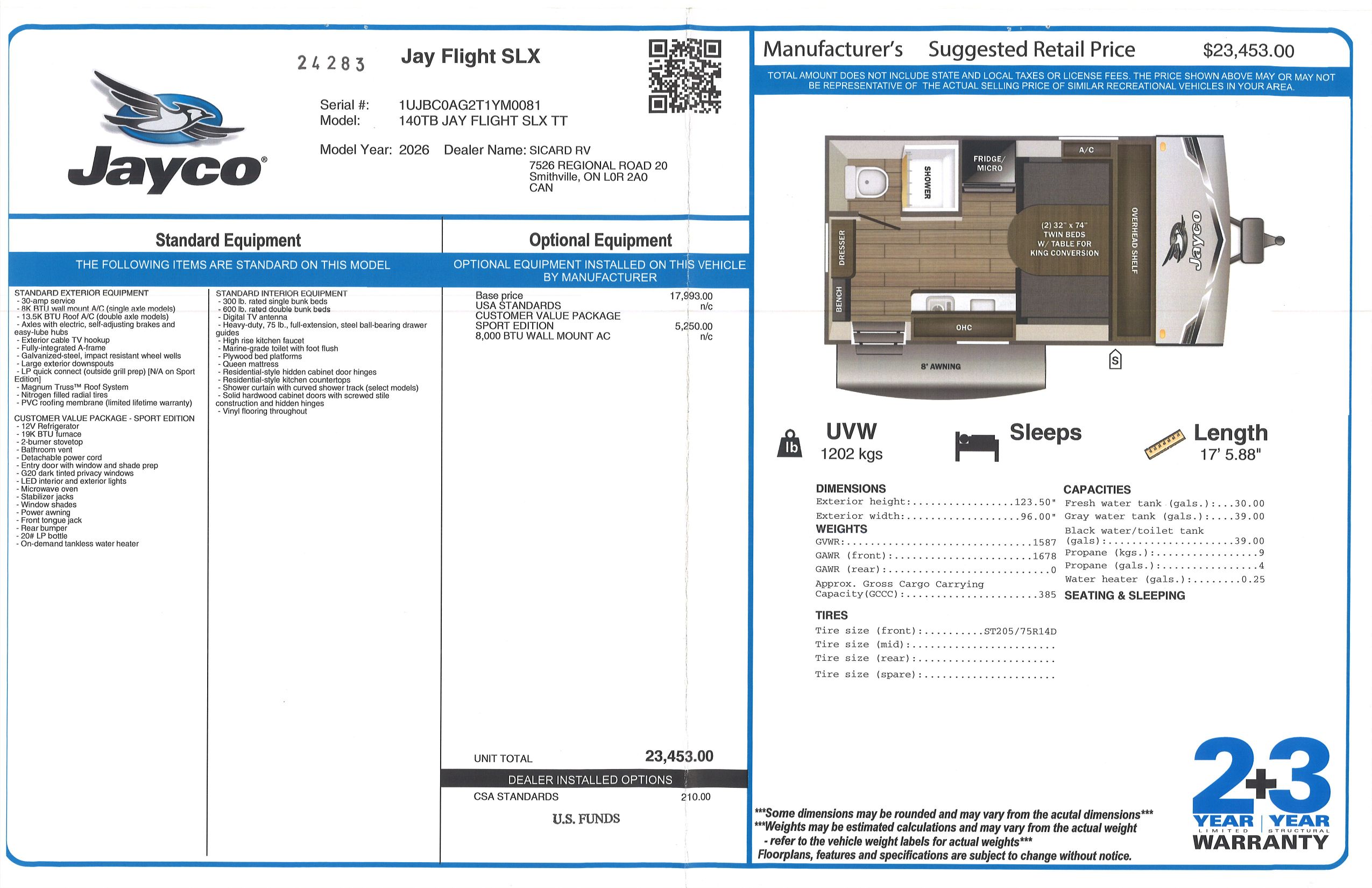 Buildsheet for 2026 JAYCO JAY FLIGHT SLX 140TB