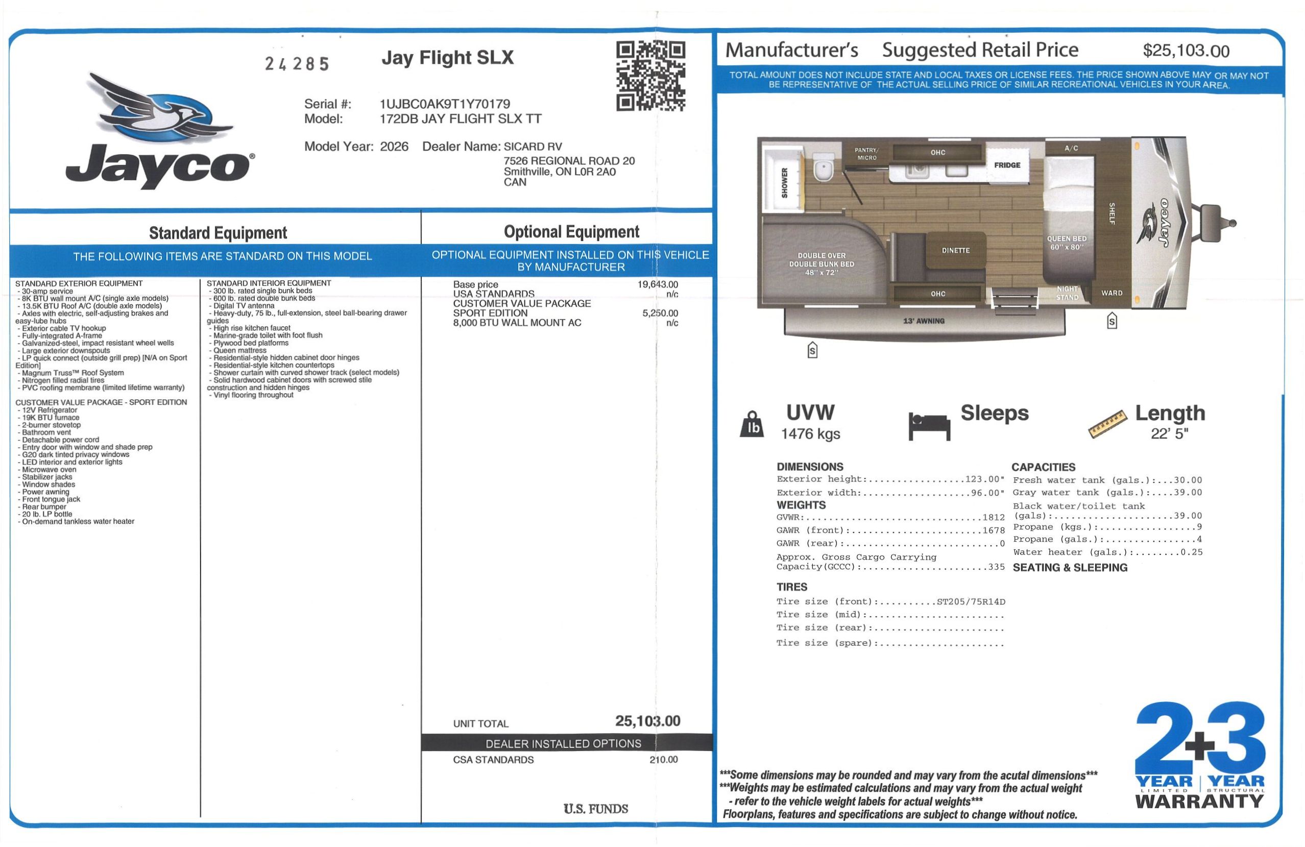 Buildsheet for 2026 JAYCO JAY FLIGHT SLX 172DB