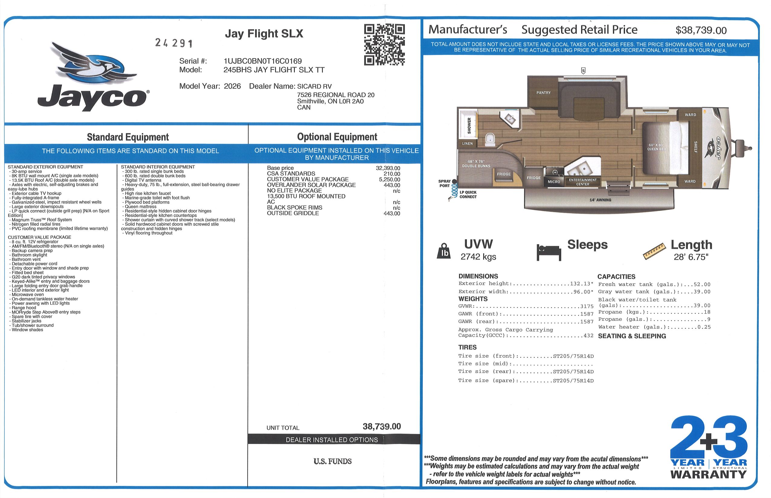 Buildsheet for 2026 JAYCO JAY FLIGHT SLX 245BHS