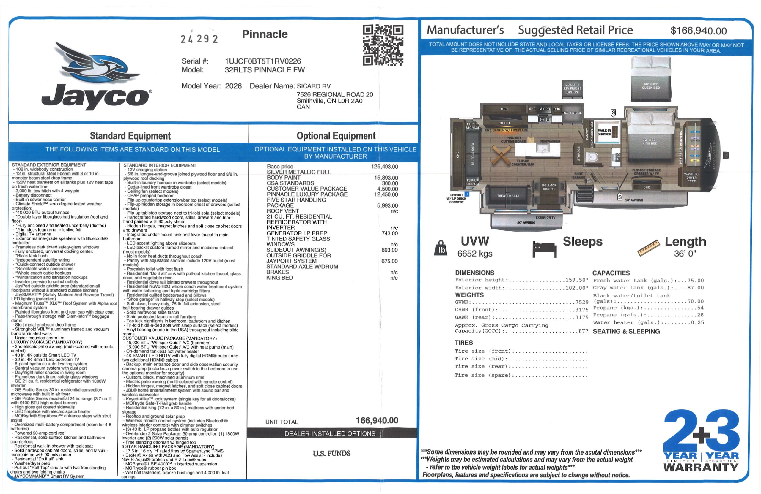 Buildsheet for 2026 JAYCO PINNACLE 32RLTS