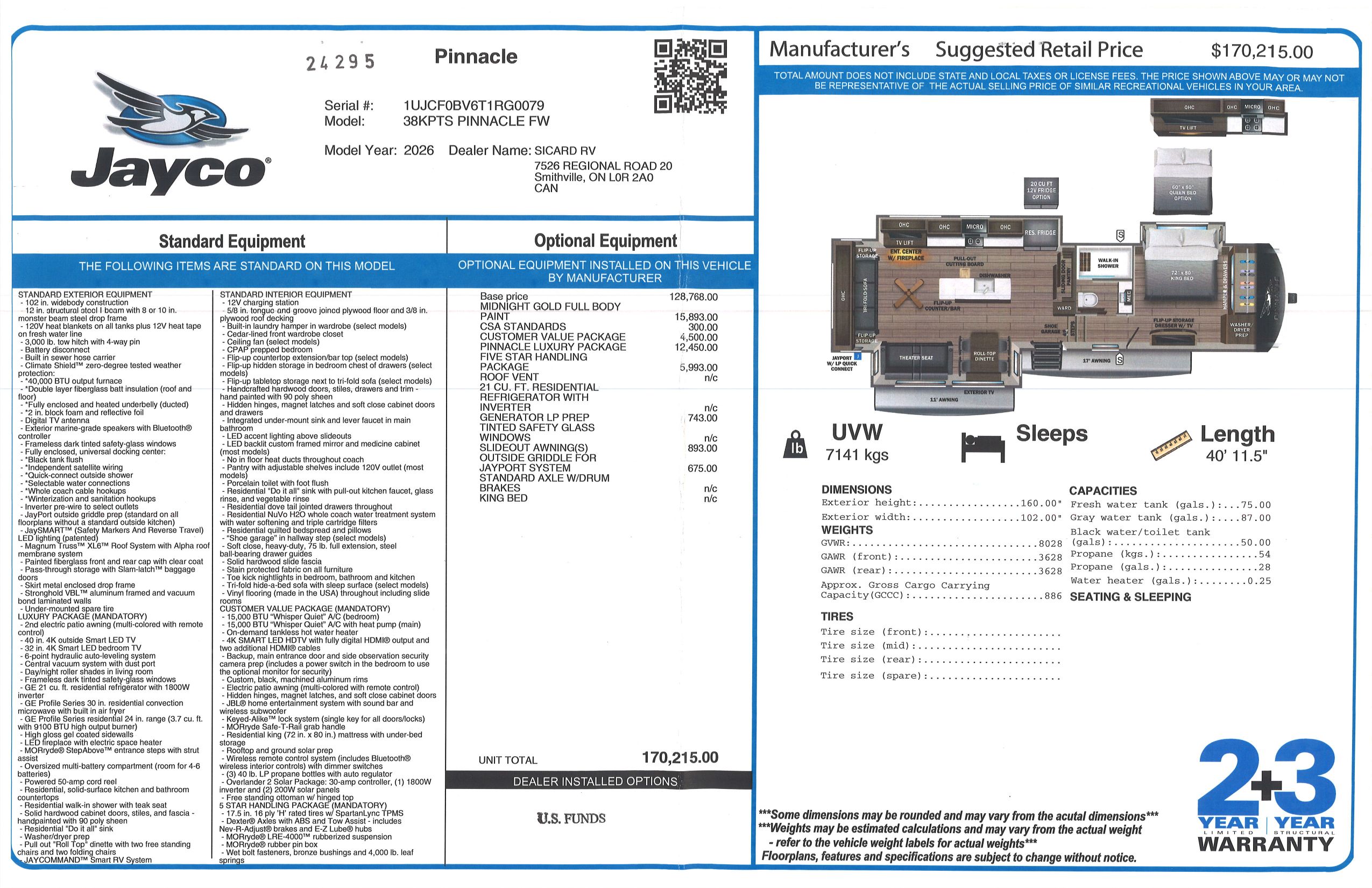 Buildsheet for 2026 JAYCO PINNACLE 38KPTS
