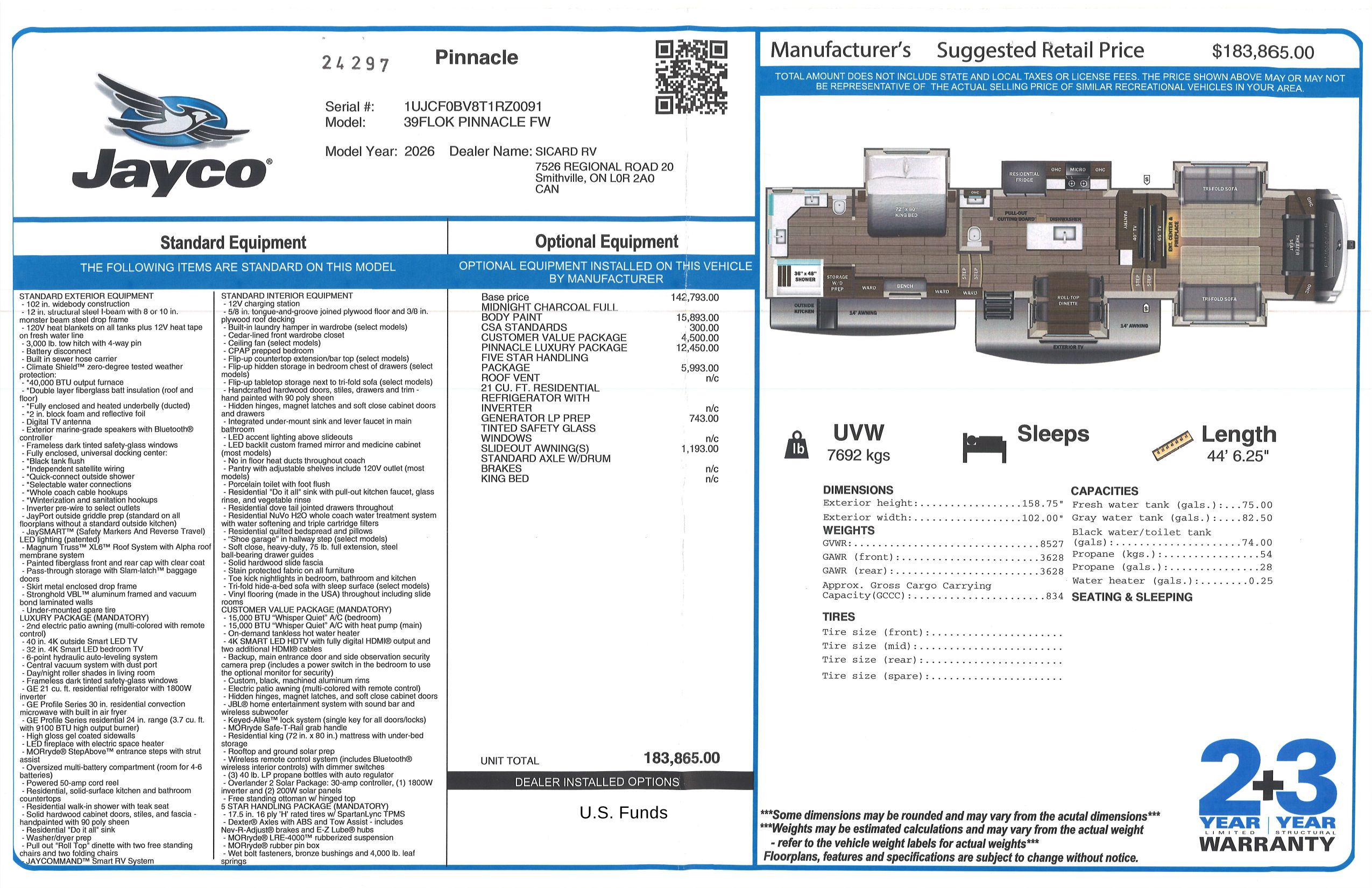 Buildsheet for 2026 JAYCO PINNACLE 39FLOK