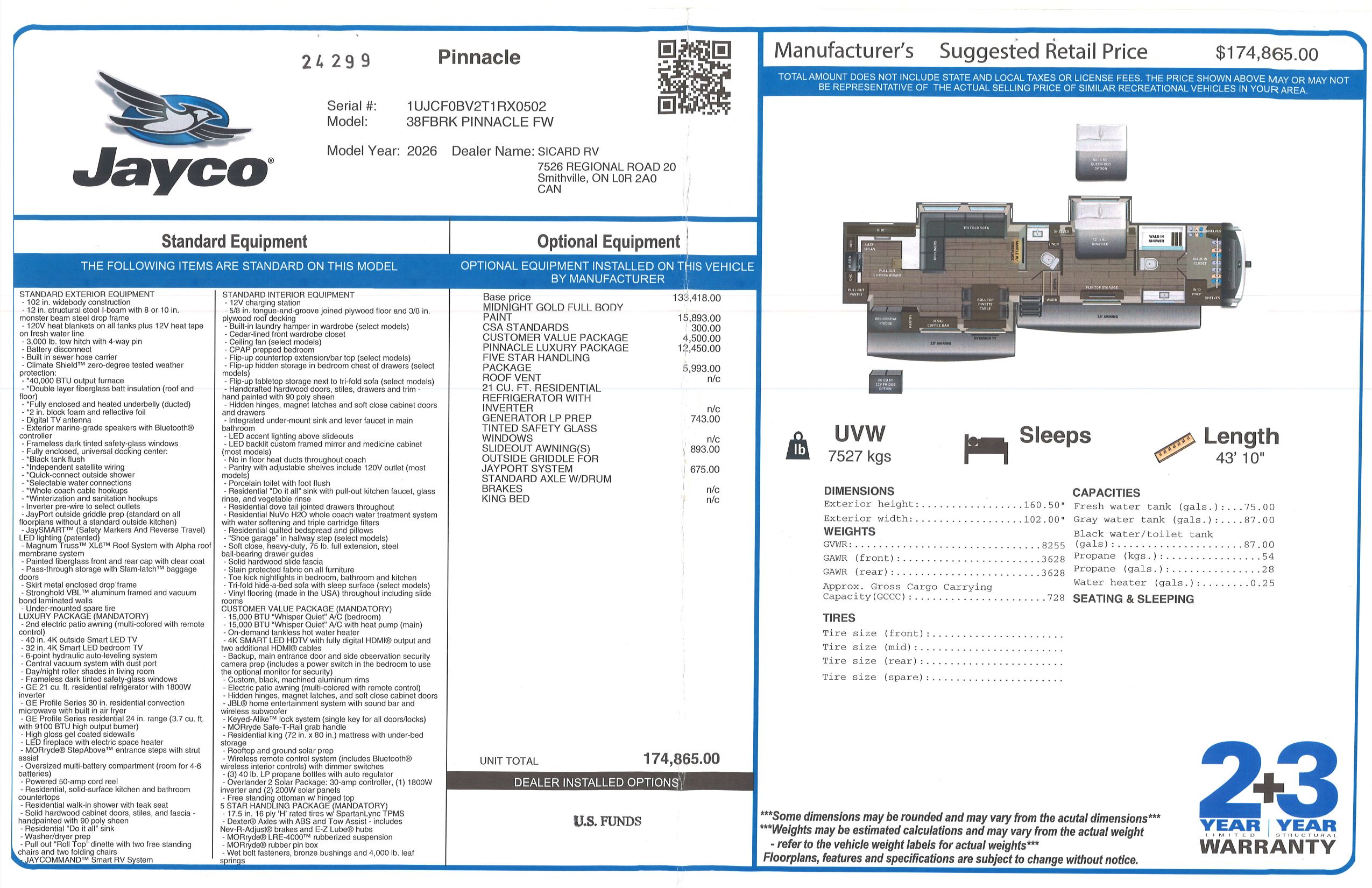 Buildsheet for 2026 JAYCO PINNACLE 38FBRK