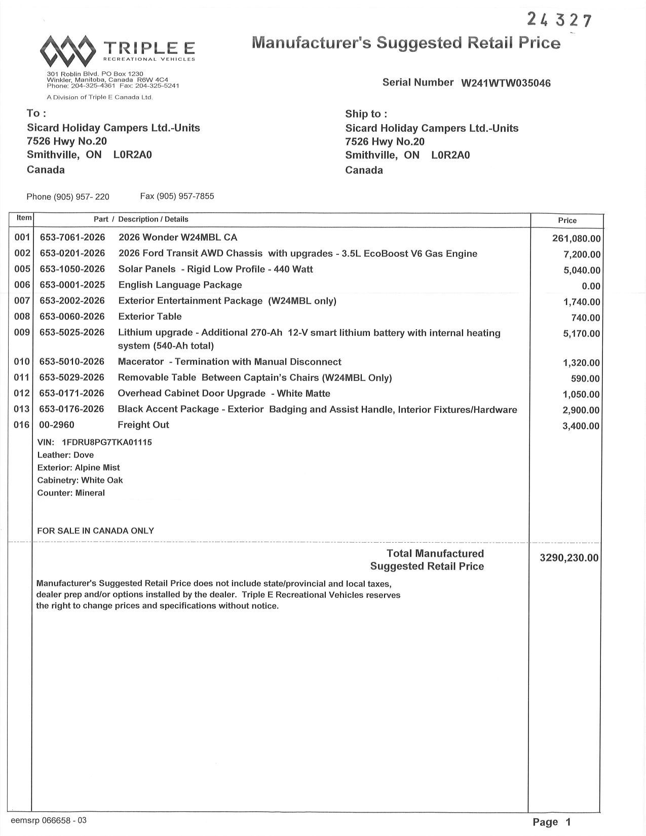 Buildsheet for 2026 LEISURE TRAVEL VANS WONDER W24MBL