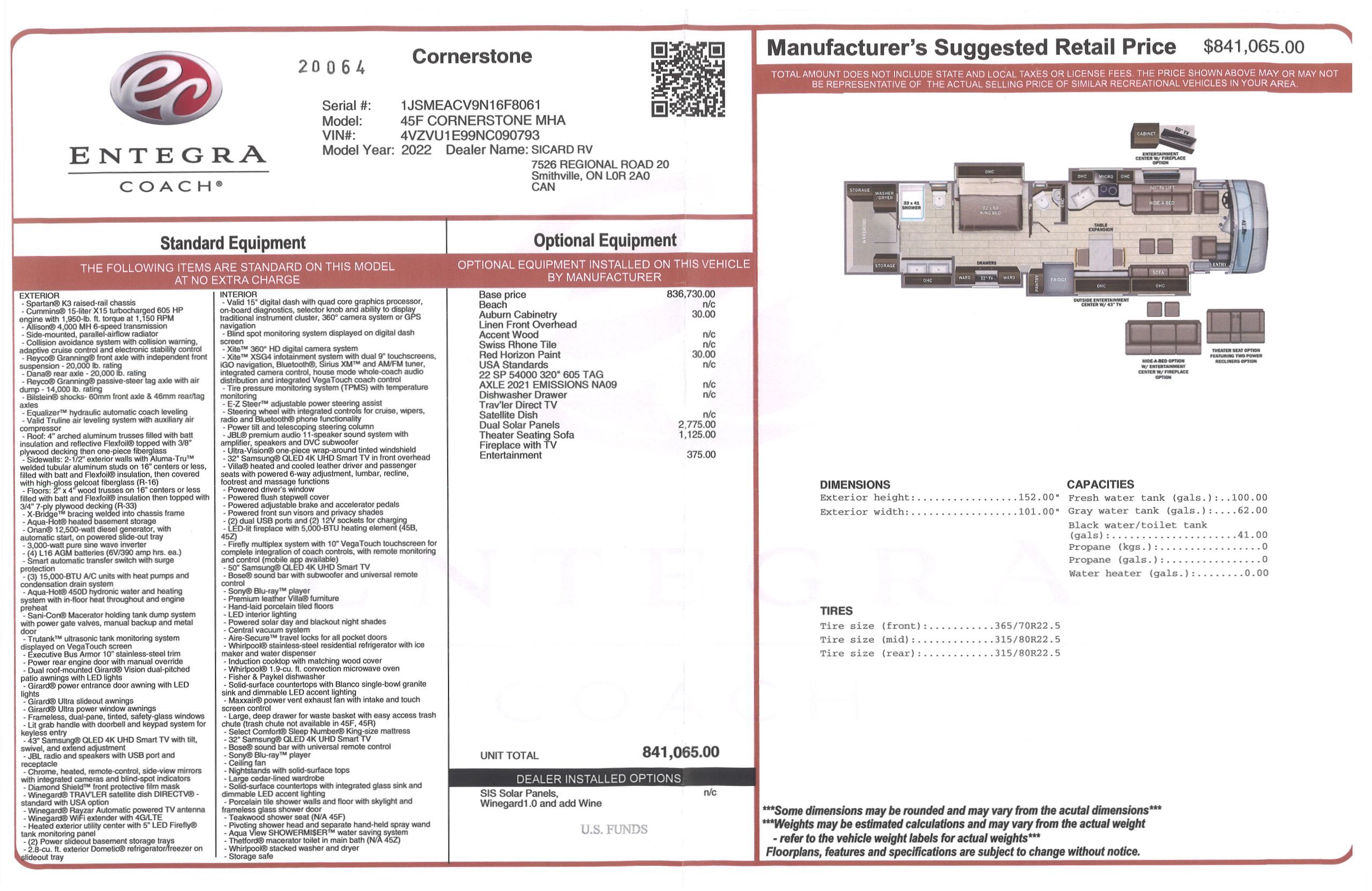 Buildsheet for 2022 ENTEGRA COACH CORNERSTONE 45F
