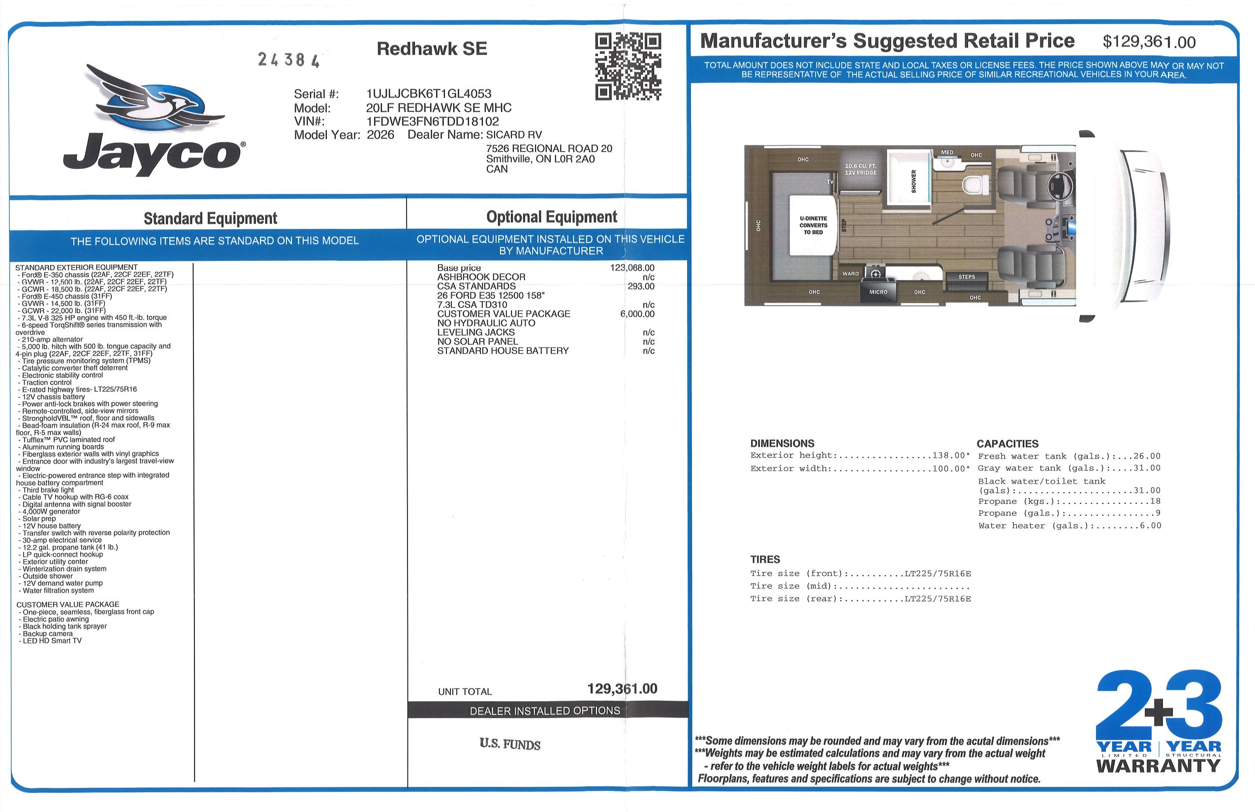 Buildsheet for 2026 JAYCO REDHAWK SE 20LF