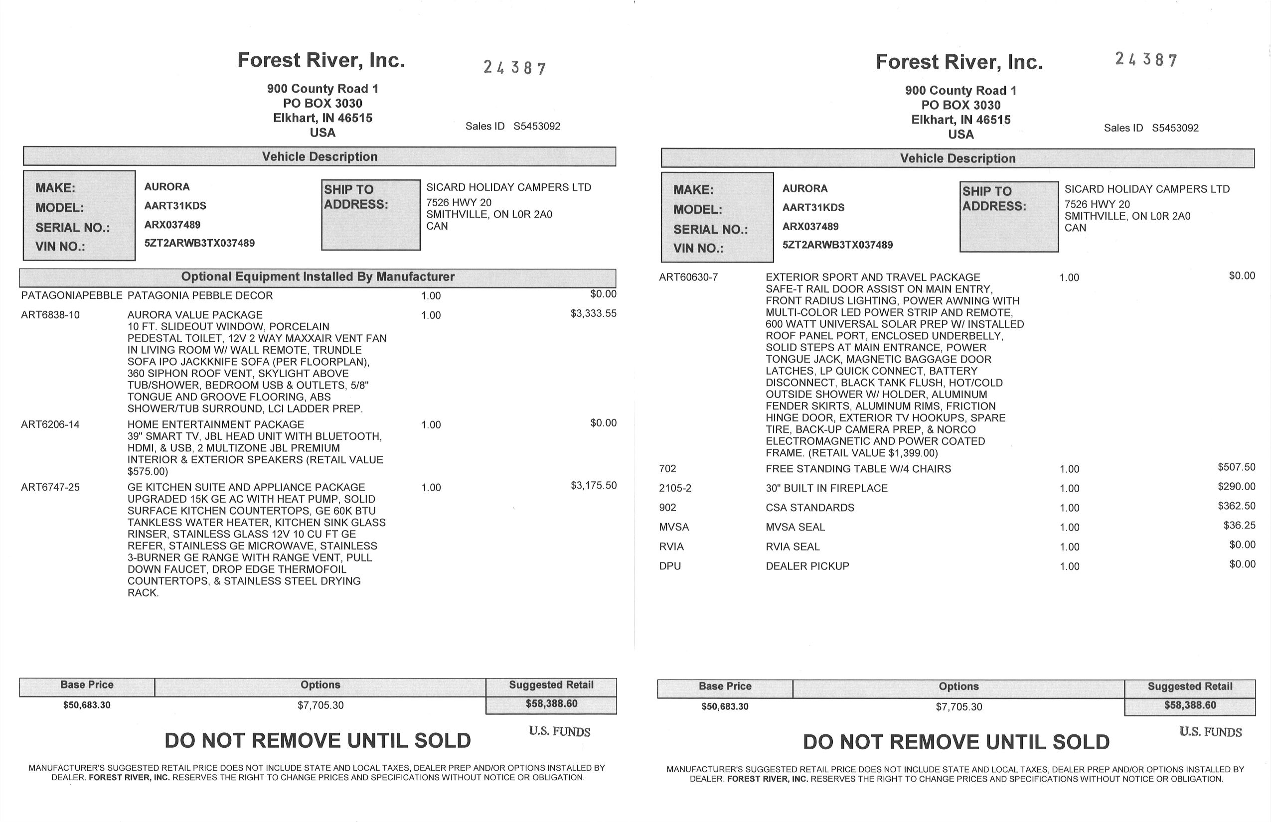 Buildsheet for 2026 FOREST RIVER AURORA 31KDS