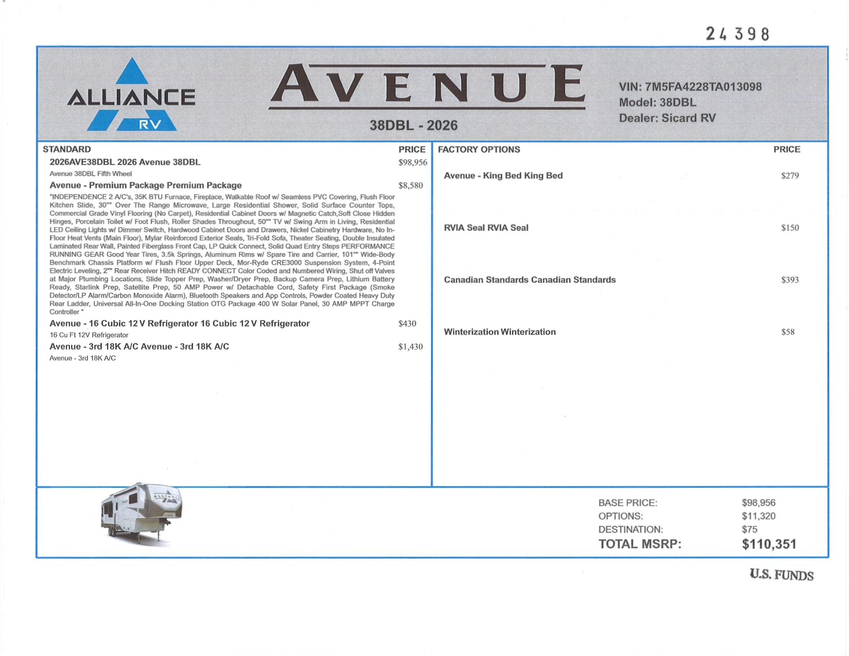 Buildsheet for 2026 ALLIANCE AVENUE 38DBL