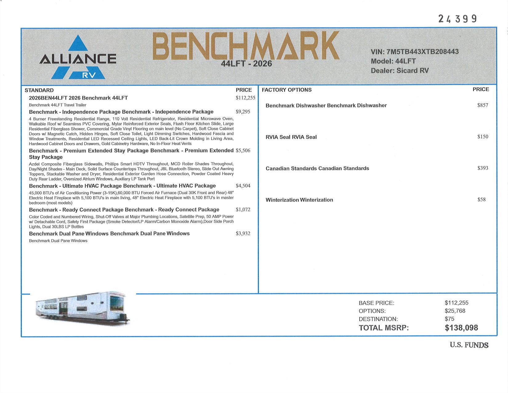 Buildsheet for 2026 ALLIANCE BENCHMARK 44LFT
