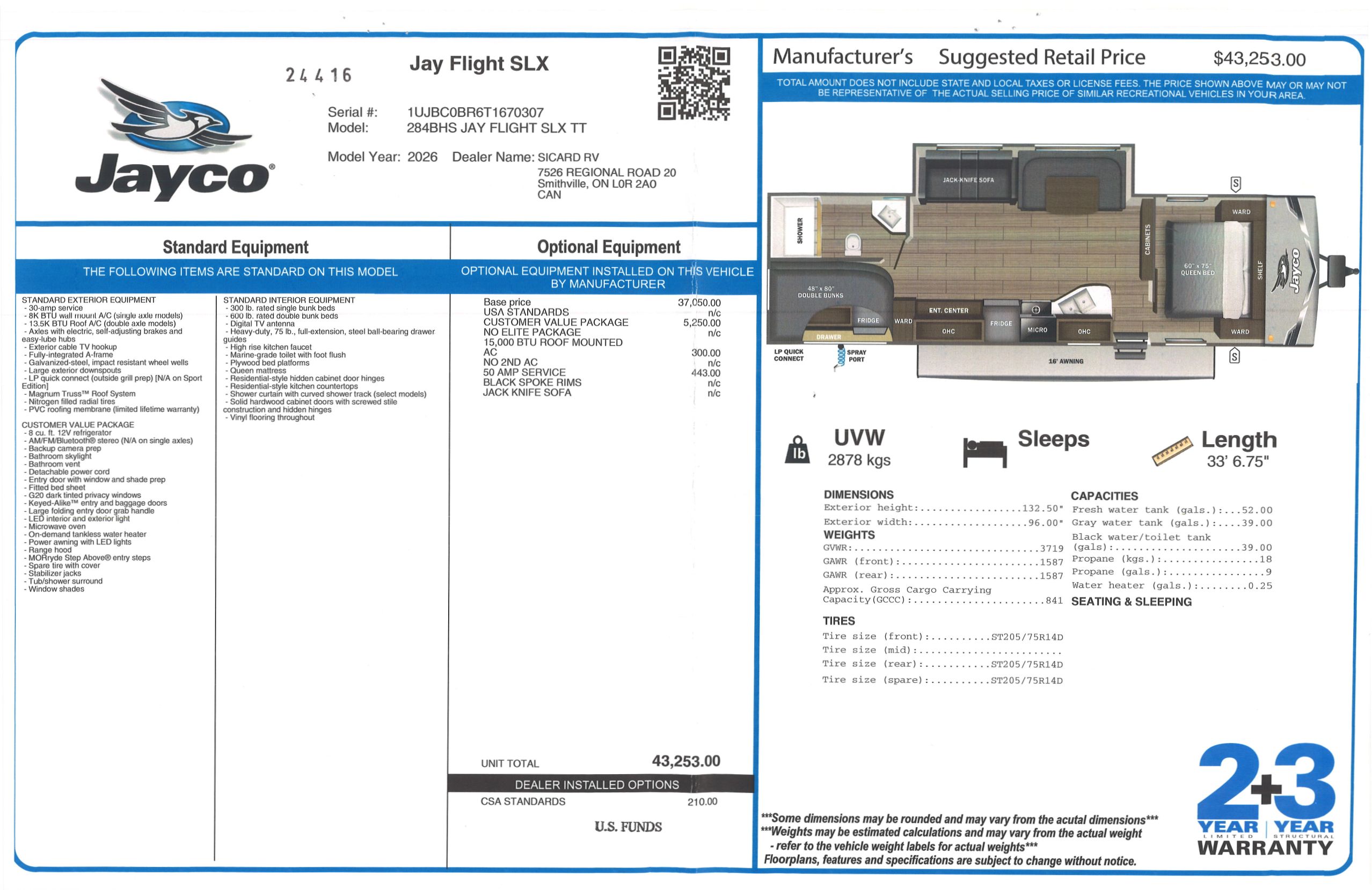 Buildsheet for 2026 JAYCO JAY FLIGHT SLX 284BHS