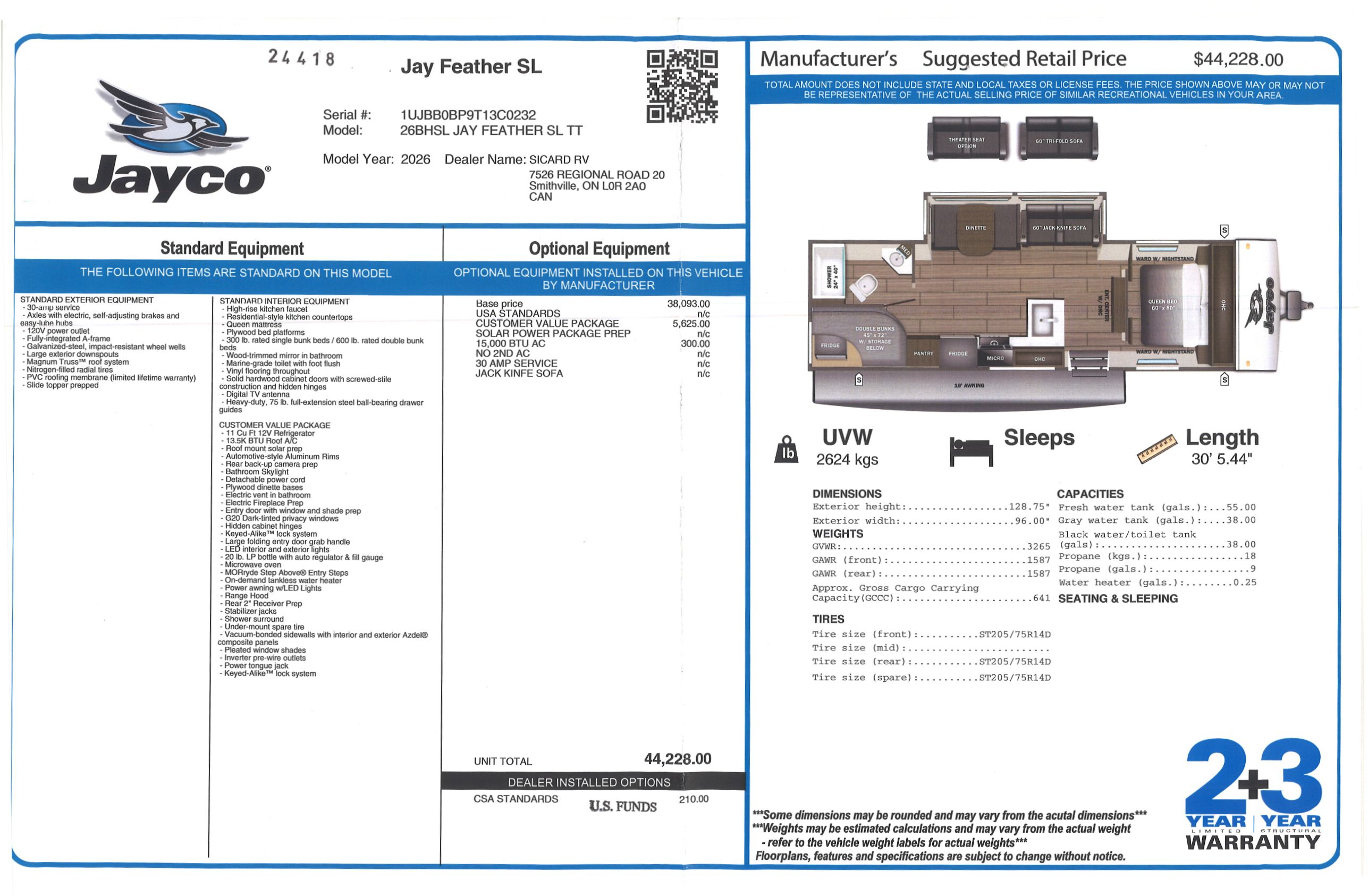 Buildsheet for 2026 JAYCO JAY FEATHER SL 26BHSL