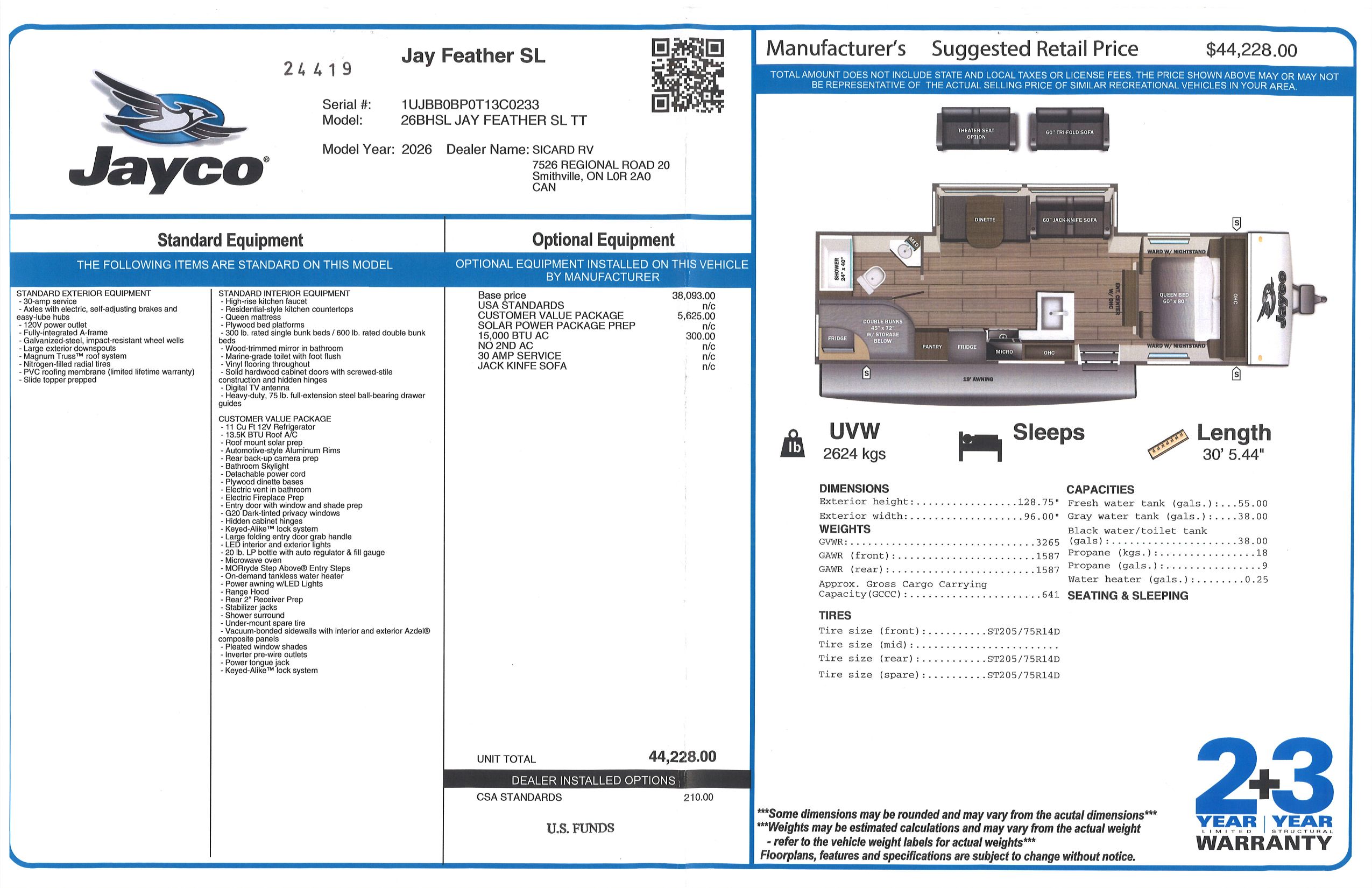 Buildsheet for 2026 JAYCO JAY FEATHER SL 26BHSL