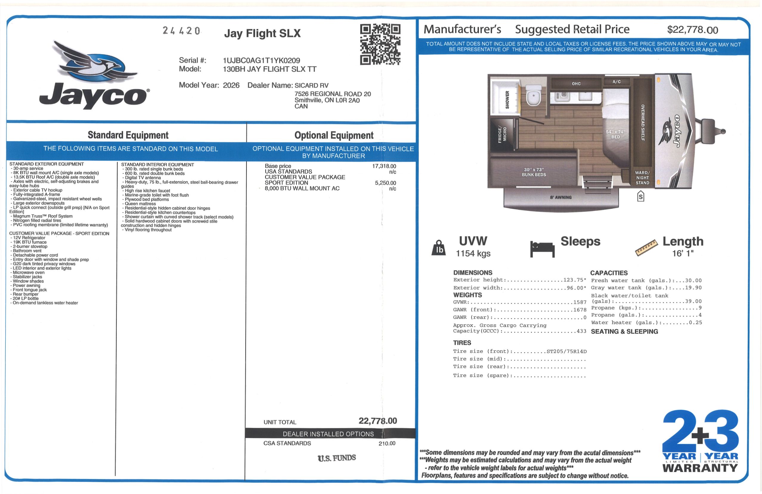 Buildsheet for 2026 JAYCO JAY FLIGHT SLX 130BH