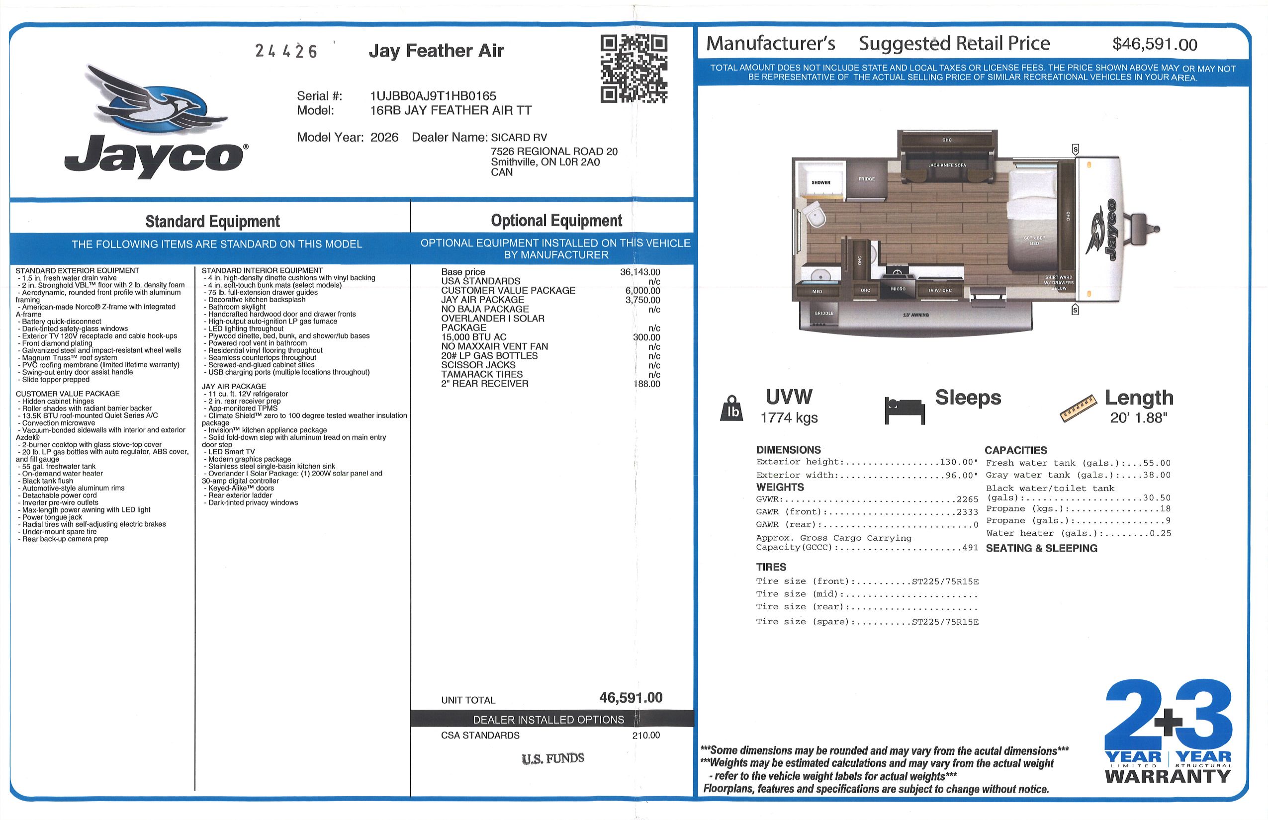 Buildsheet for 2026 JAYCO JAY FEATHER AIR 16RB