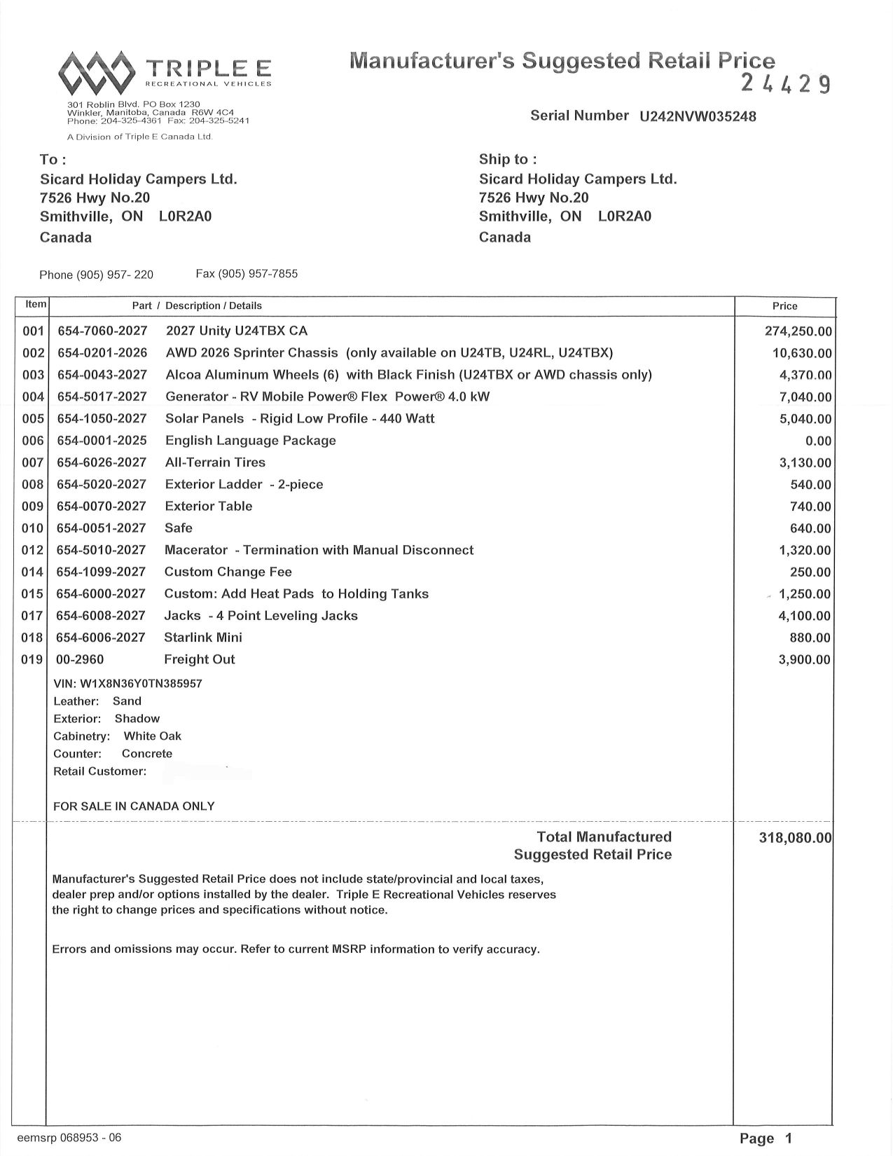 Buildsheet for 2027 LEISURE TRAVEL VANS UNITY U24TBX