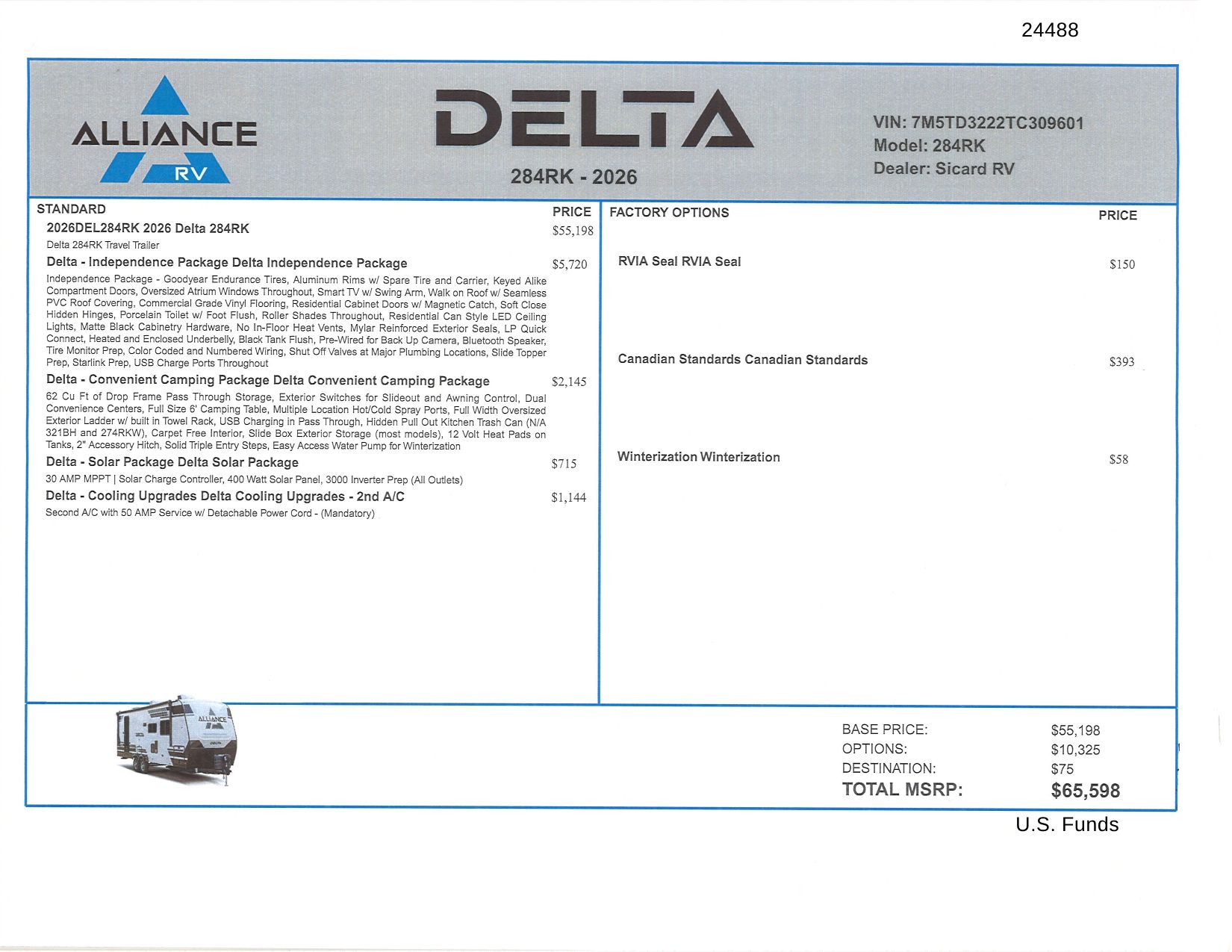 Buildsheet for 2026 ALLIANCE DELTA 284RK