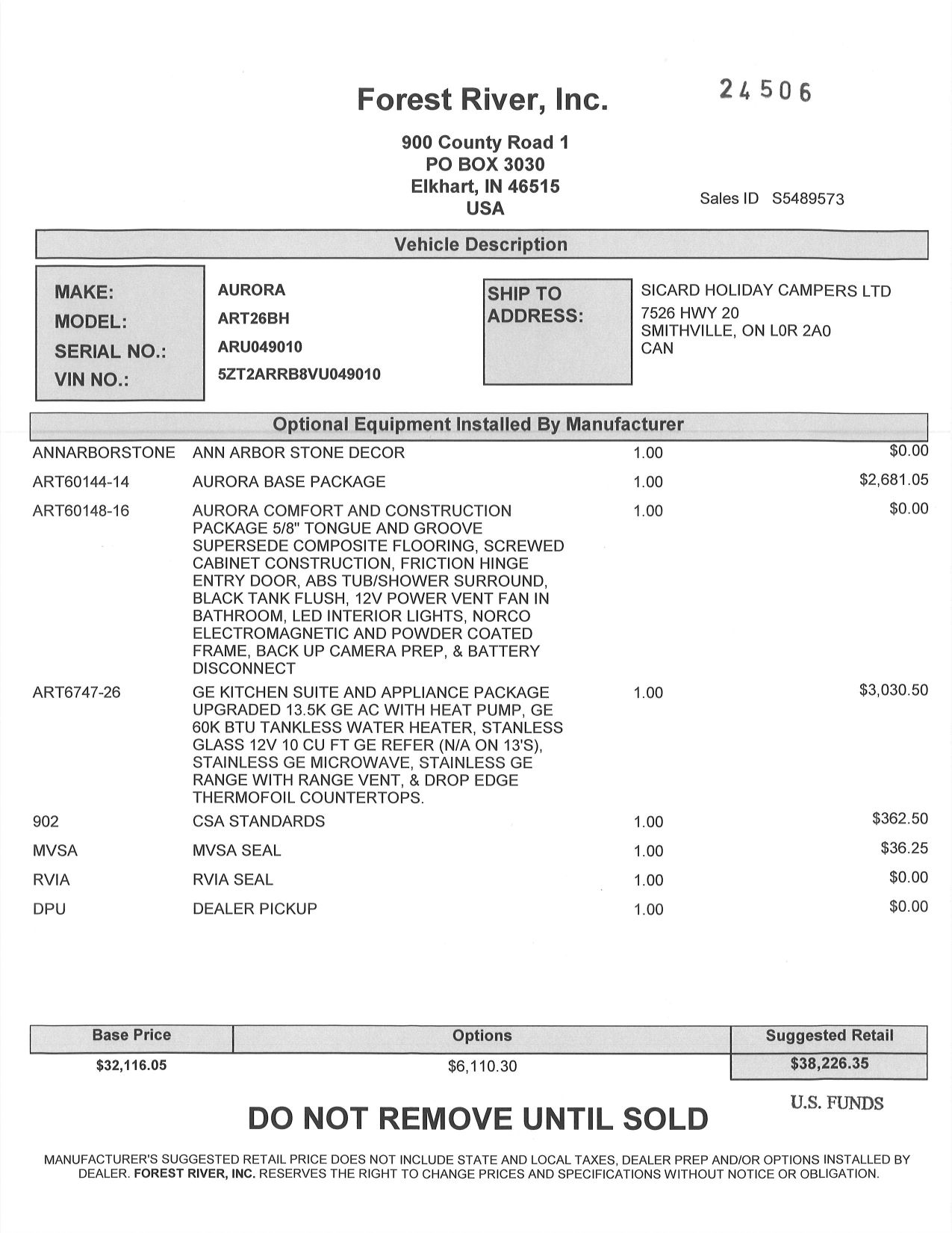 Buildsheet for 2027 FOREST RIVER AURORA LIGHT 26BH