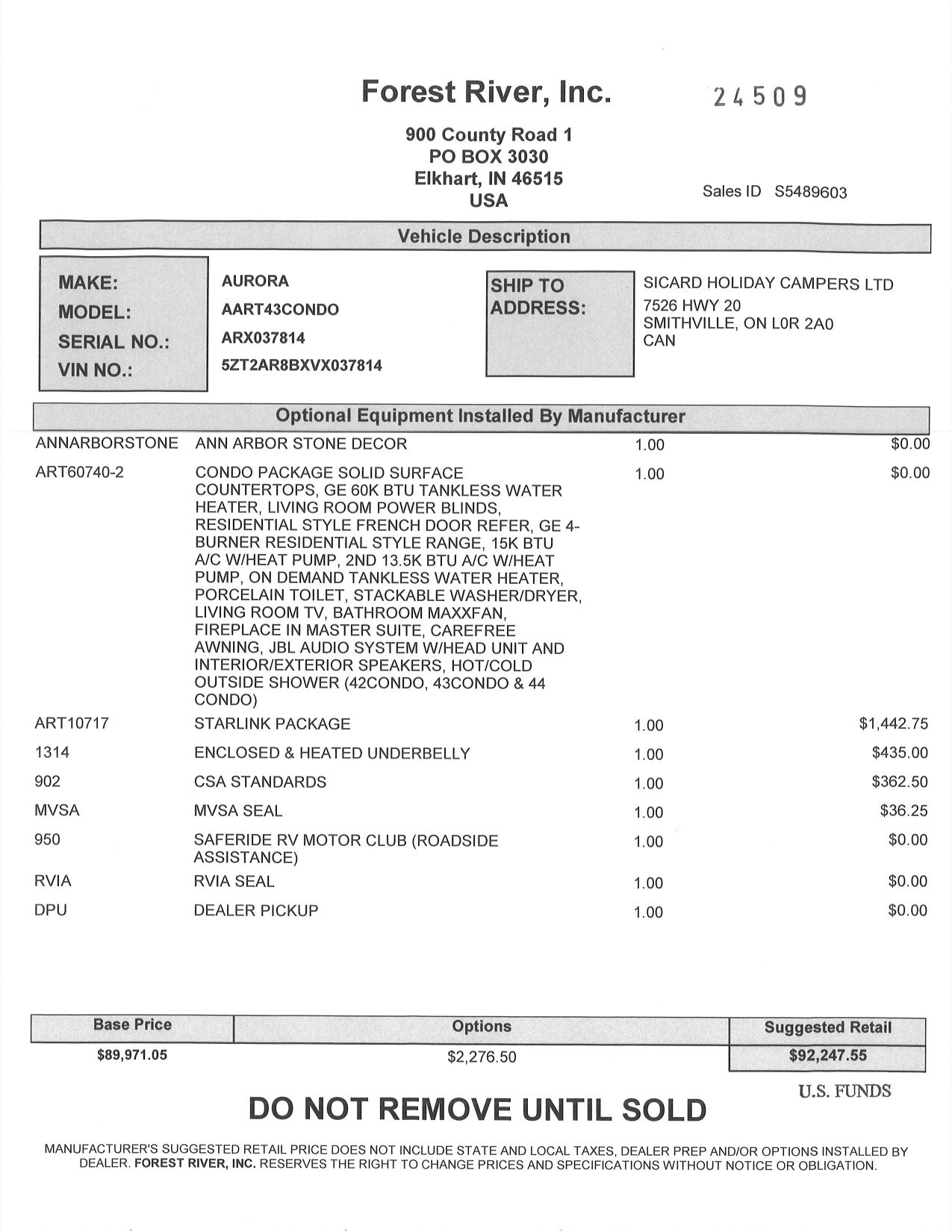 Buildsheet for 2027 FOREST RIVER AURORA 43CONDO