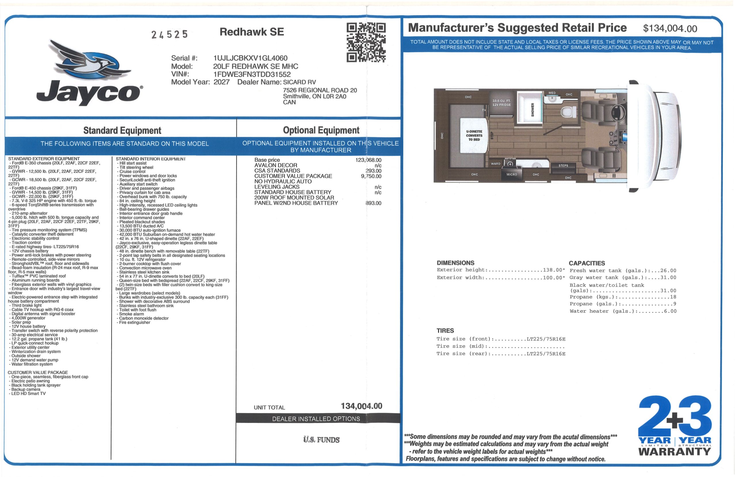 Buildsheet for 2027 JAYCO REDHAWK SE 20LF
