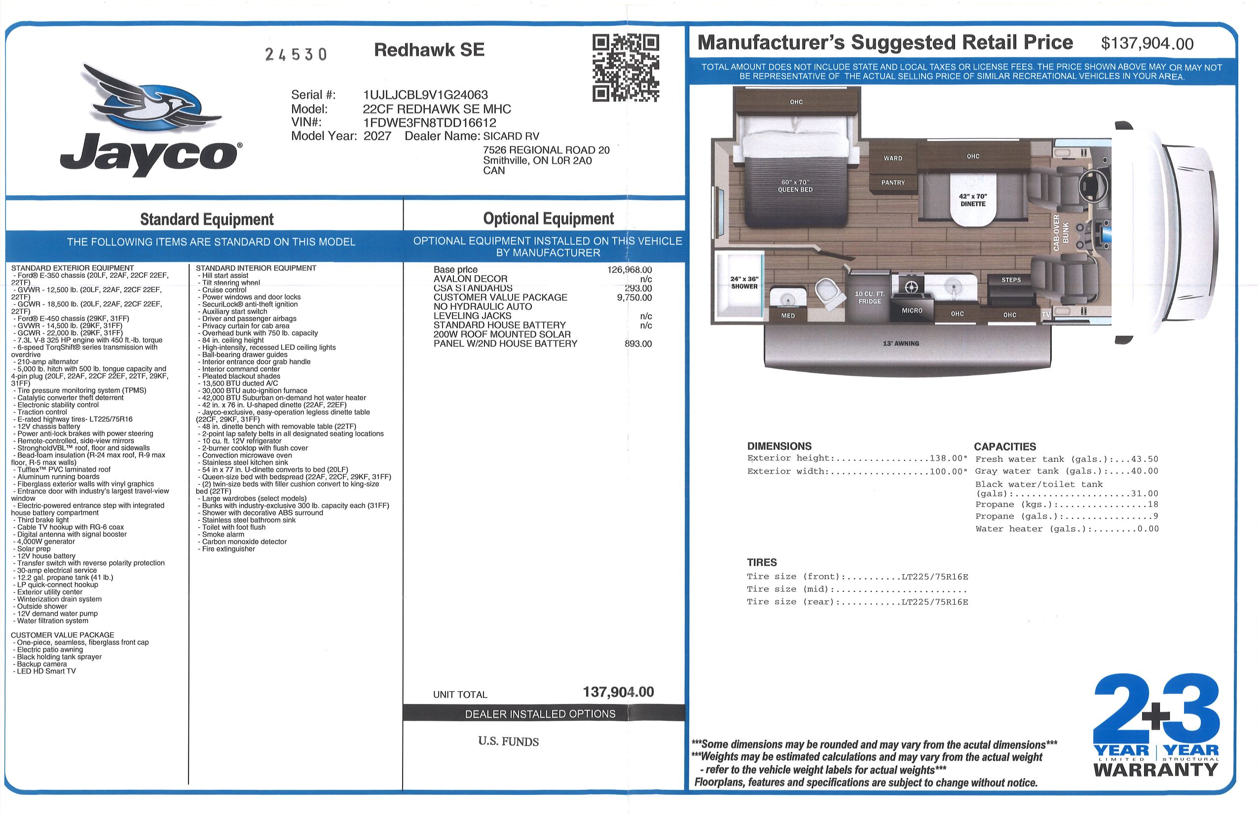Buildsheet for 2027 JAYCO REDHAWK SE 22CF