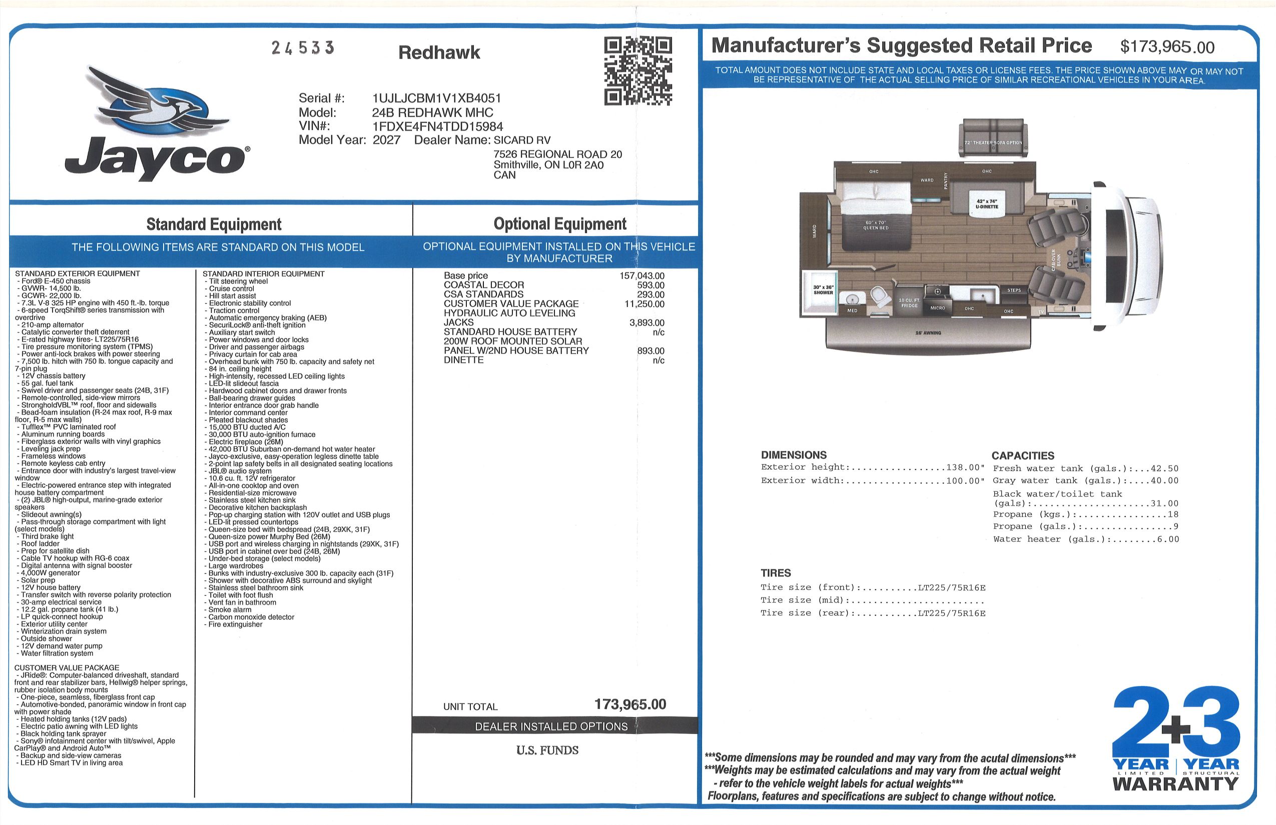Buildsheet for 2027 JAYCO REDHAWK 24B