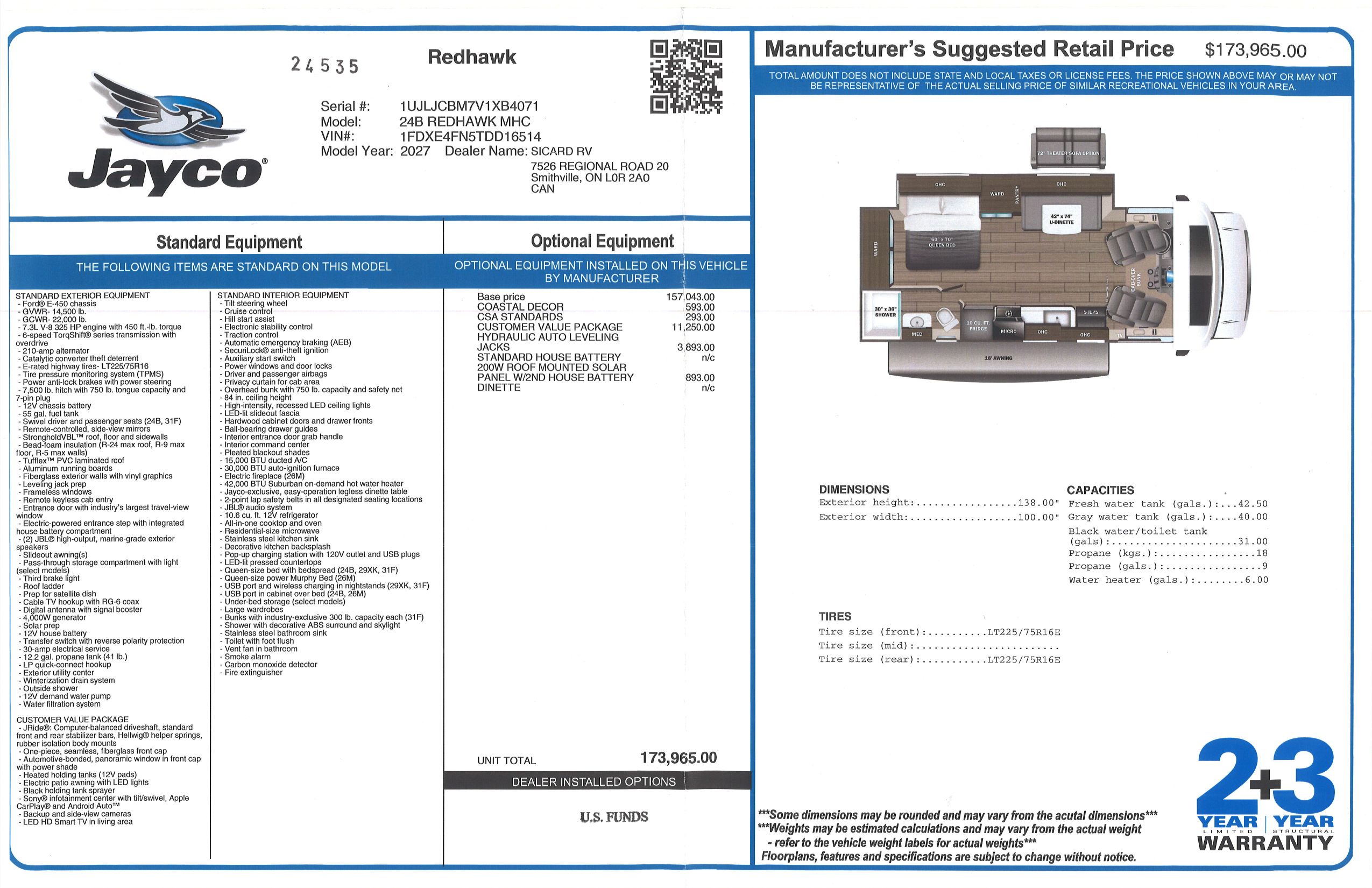 Buildsheet for 2027 JAYCO REDHAWK 24B